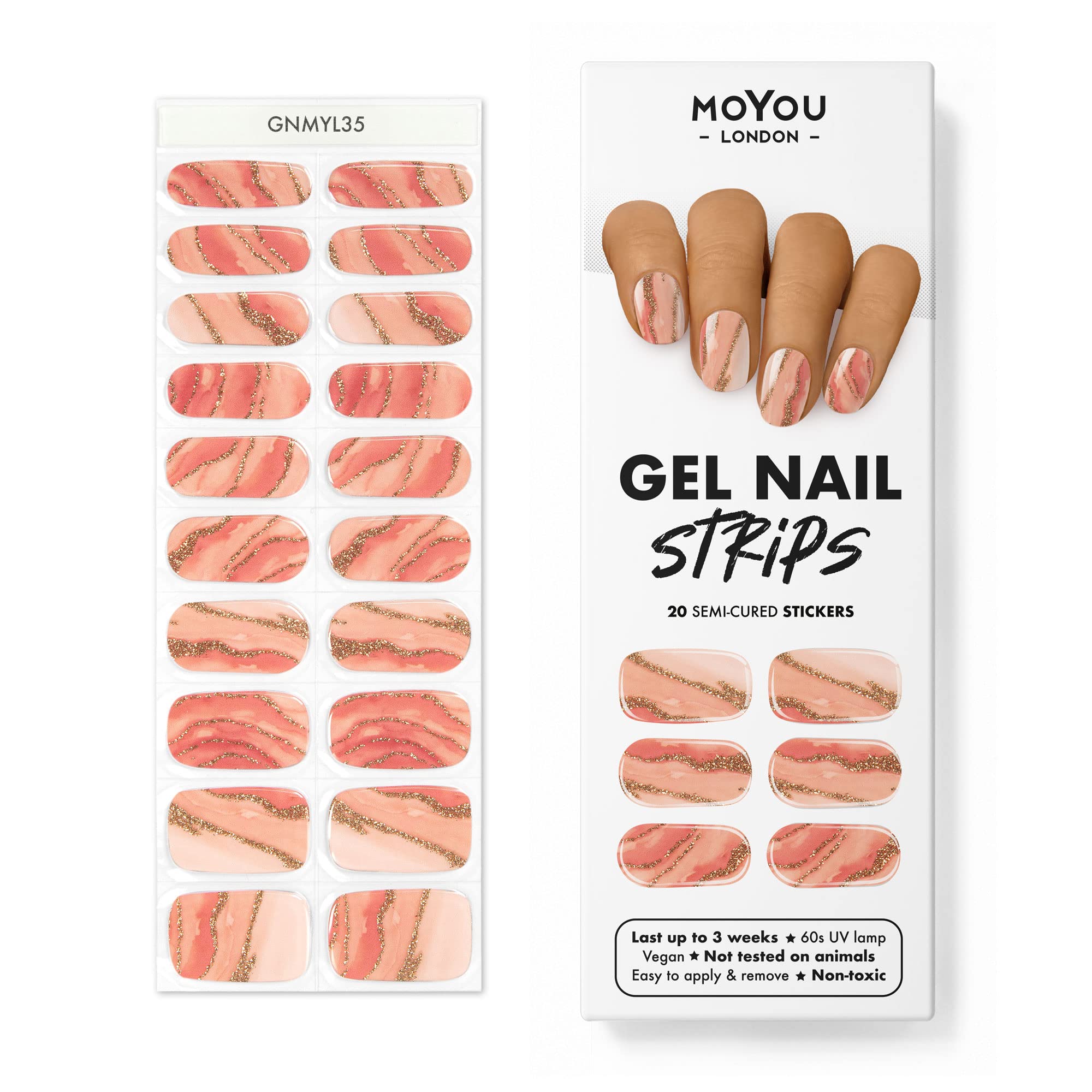 MOYOU LONDON Semi Cured Gel Nail Strips Marble 20 Pcs. UV Gel Nail Wraps for Salon-Quality Manicure, Easy to Apply, Trim, & Remove