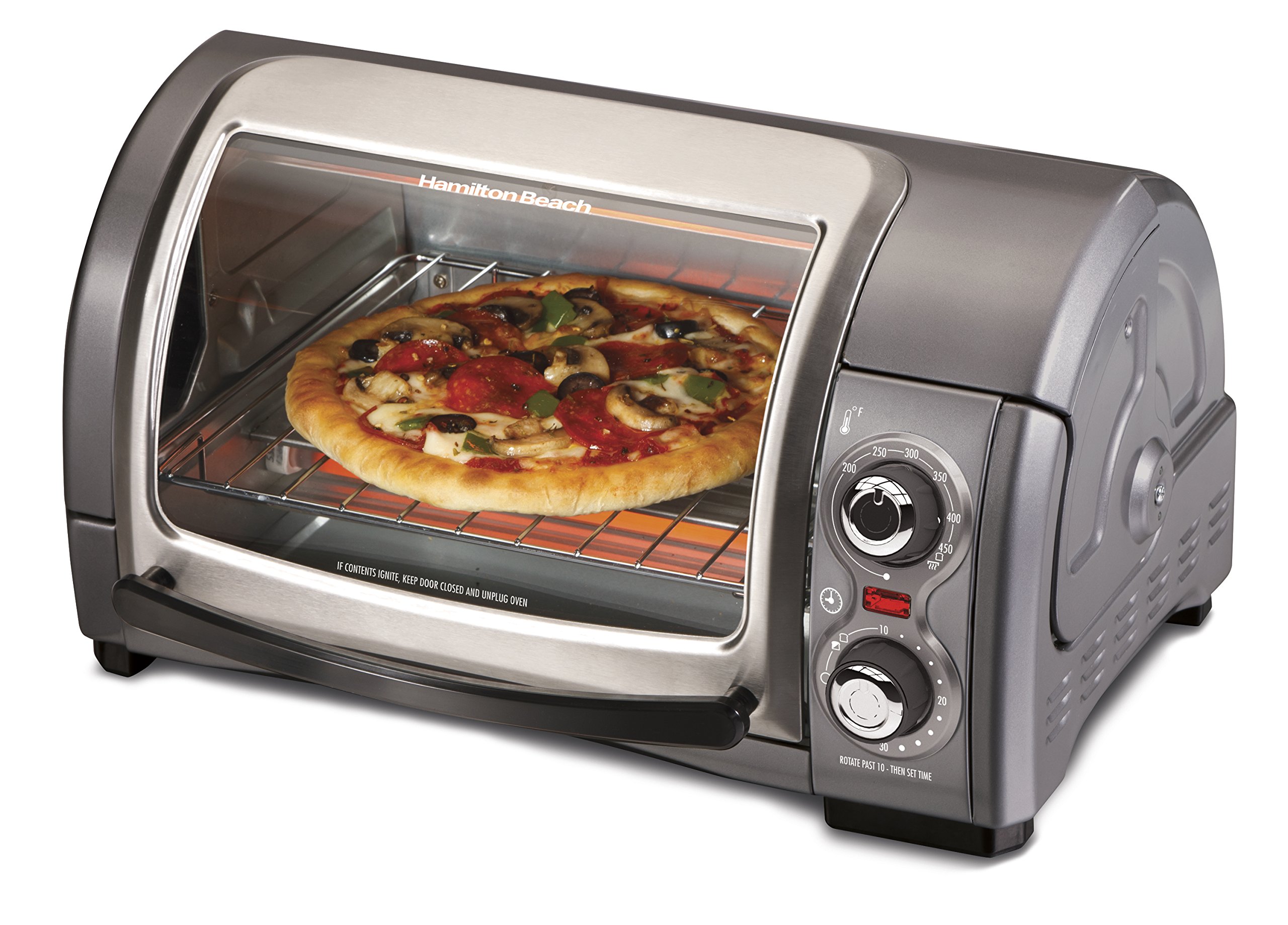 Hamilton BeachEasy Reach 4-Slice Countertop Toaster Oven With Roll-Top Door, 1200 Watts, Fits 9” Pizza, 3 Cooking Functions for Bake, Broil and Toast, Silver (31344DA)