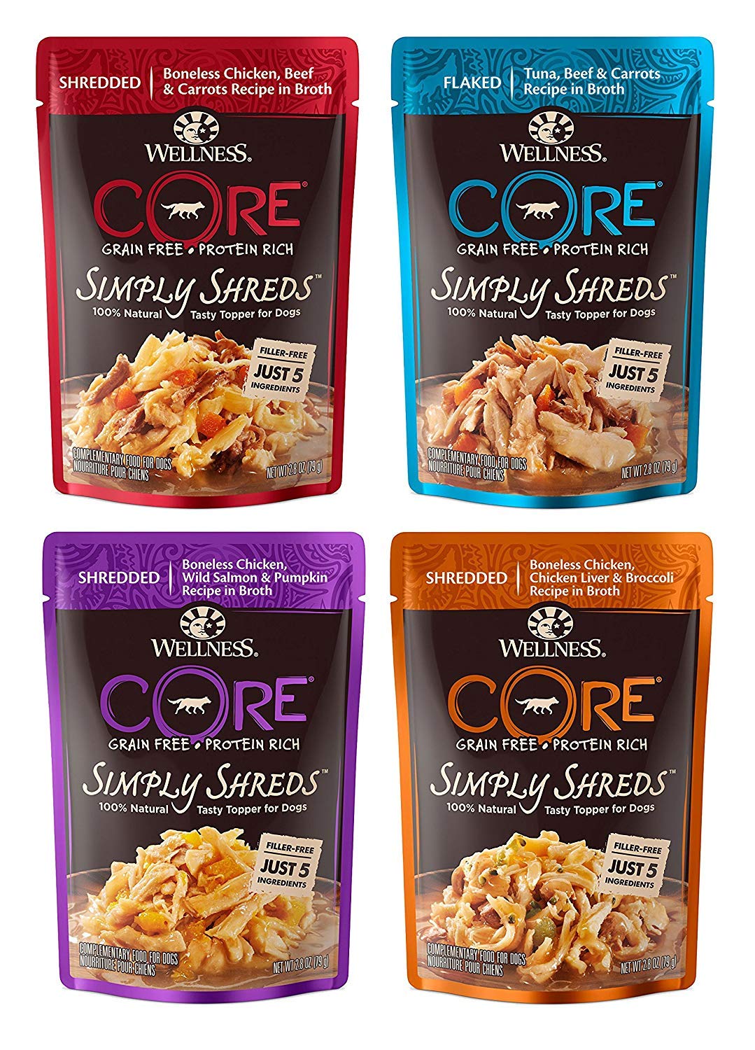 WellnessCORE Simply Shreds Natural Grain Free Wet Dog Food Toppers Variety Pack, 4 Flavors, 2.8 ounce Each (12 Total Pouches)