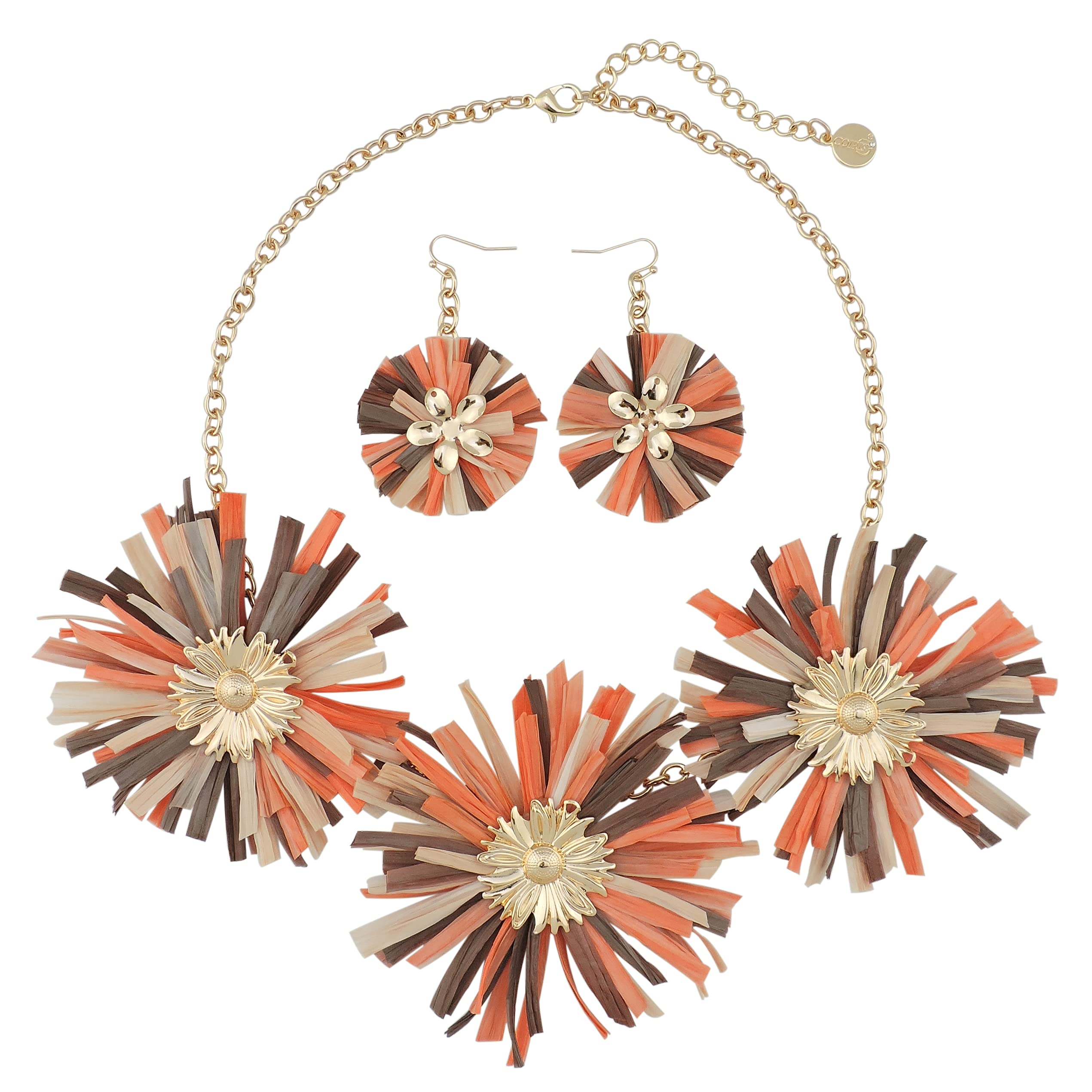 Raffia Grass Sunflower Statement Necklace Golden Tone Floral Pendant Bib Collar with Earrings for Women