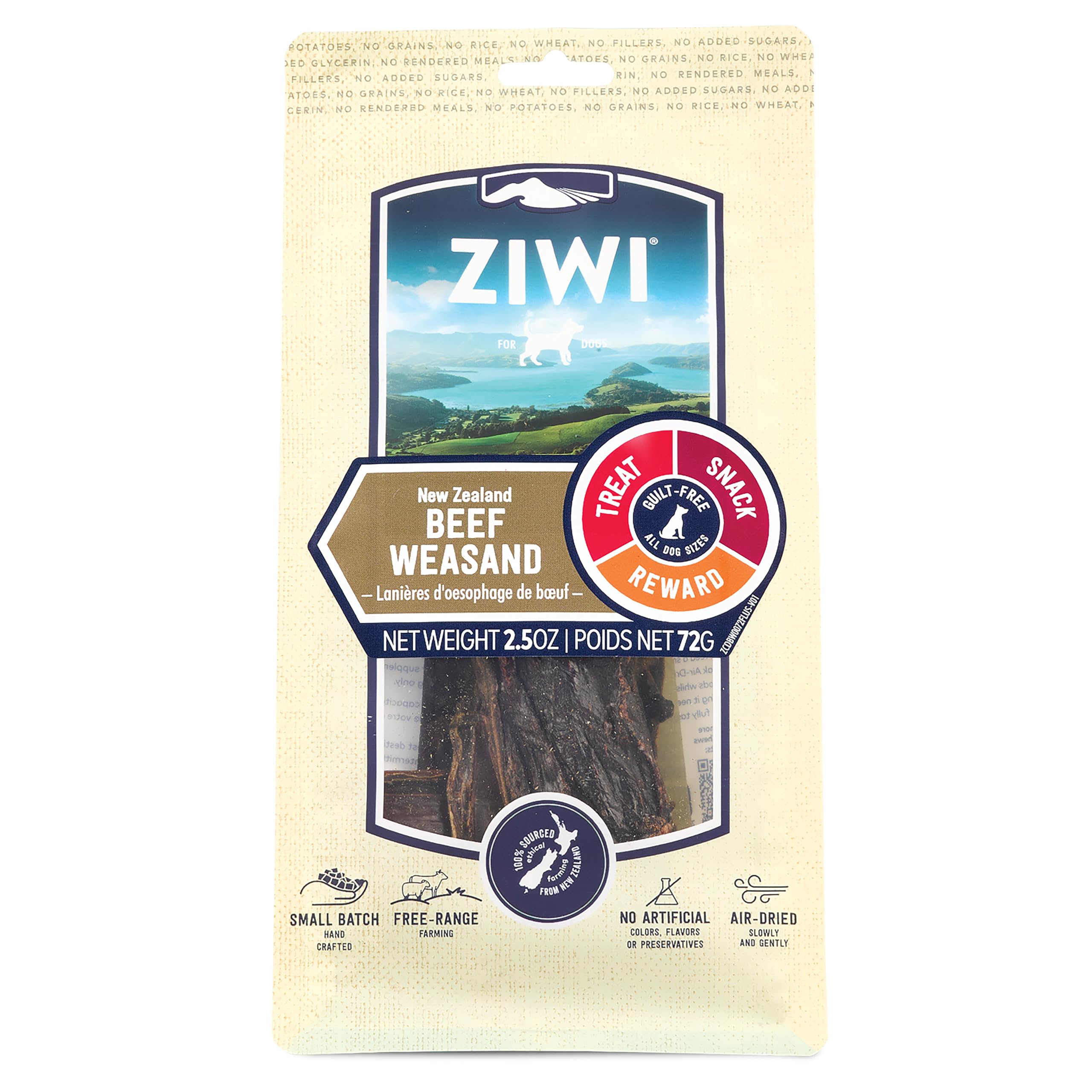 ZIWIDog Chews and Treats – Beef Weasand - All Natural, Air-Dried, Single Protein, Grain-free, High-Value Treat, Snack, Reward 2.5 Ounce (Pack of 1)