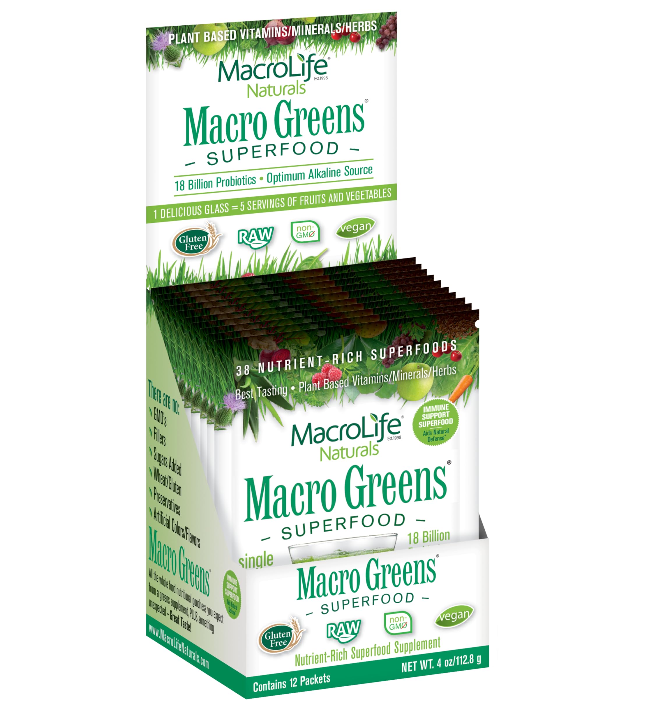 MacroLife Naturals Macro Greens Powder 38 Superfood Probiotic Antioxidant Enzyme & Herbal Supplement Immunity Energy Cleanse - Non-GMO Vegan Gluten-Free Dairy-Free - 12 Packet Servings