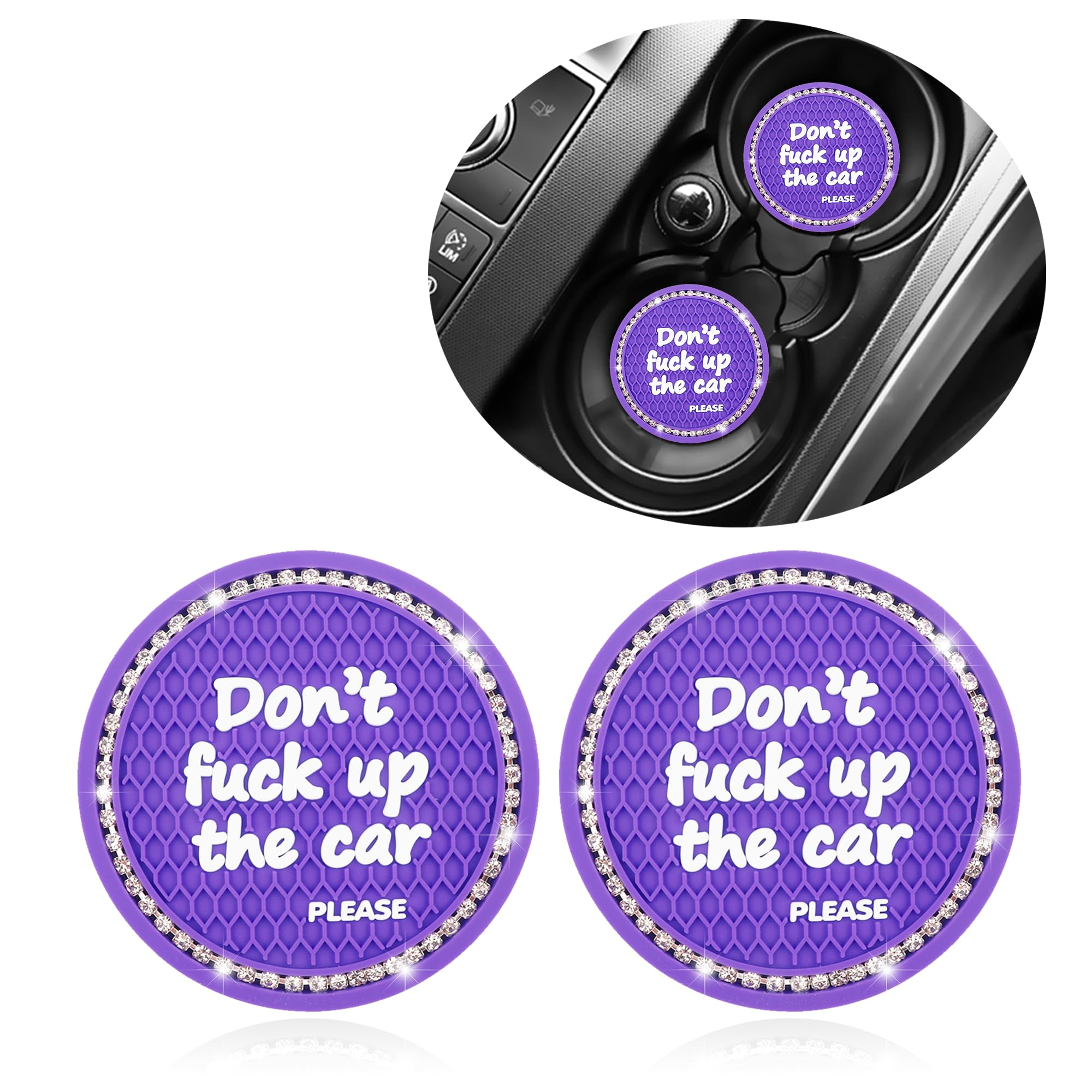 2PCS Bling Car Coasters,2.75 Inch Anti-Slip Silicone Car Cup Holder Coaster,Universal Colored Car Accessories Interior for Car Truck SUV RV,Cute Car Decor for Men Women (Purple)