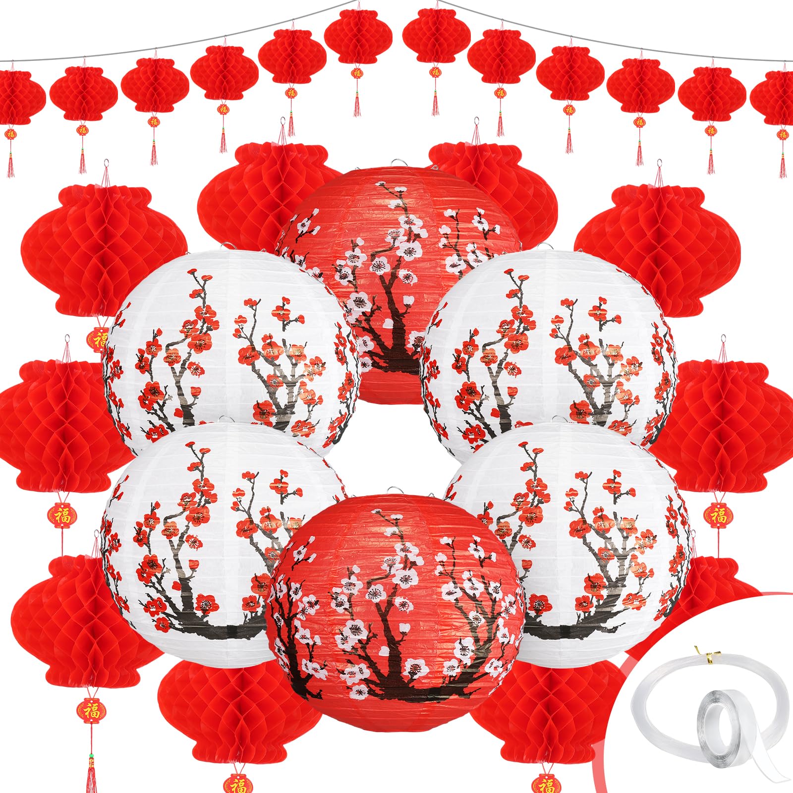 Chinese New Year Decorations 28Pack,12in Plum Blossom Red White Paper Lantern with Tape and String,8in Japanese Decor for New Year Eve Decor,Home,Restaurant Party