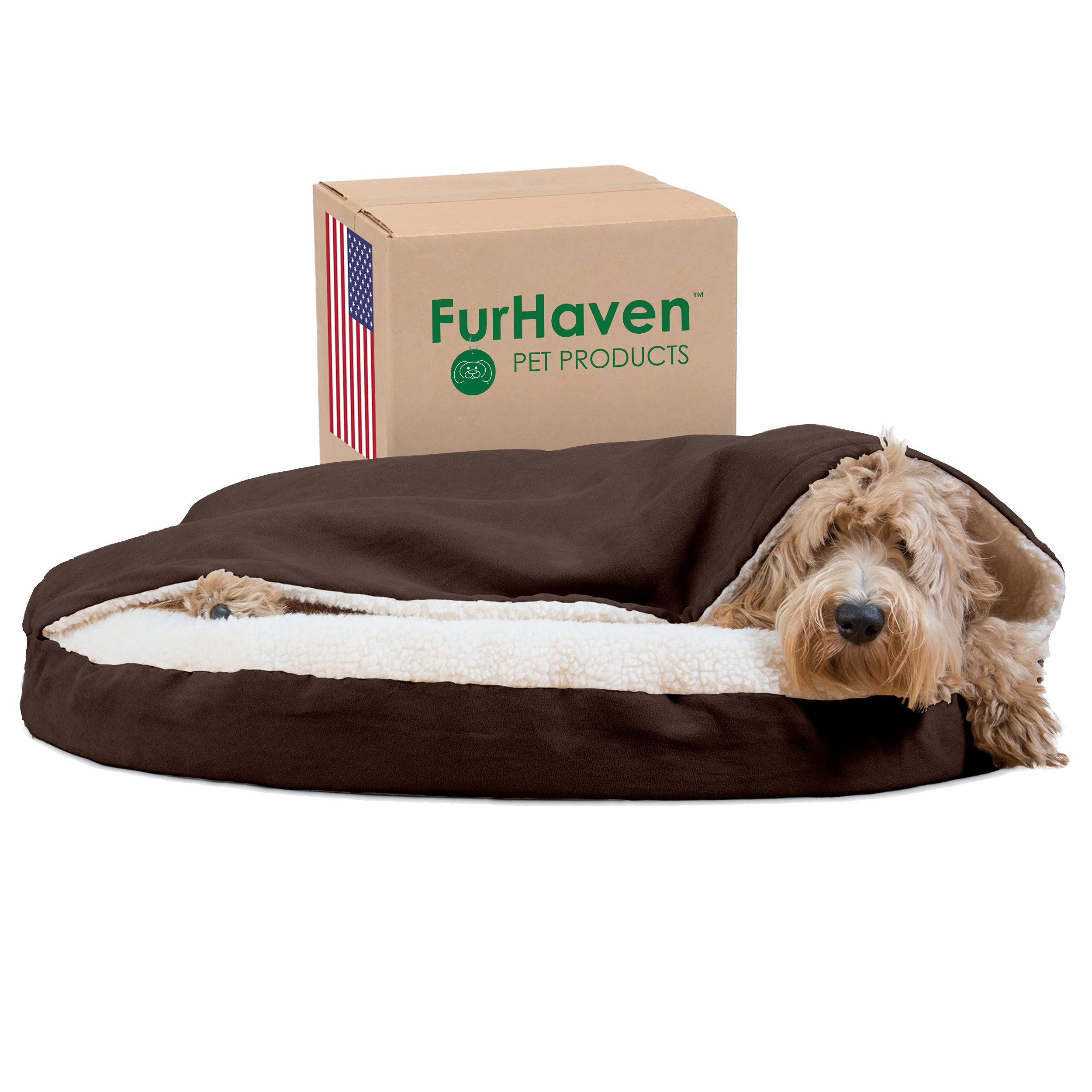 Furhaven35" Round Orthopedic Dog Bed for Large/Medium Dogs w/ Removable Washable Cover, For Dogs Up to 50 lbs - Sherpa & Suede Snuggery - Espresso, 35-inch