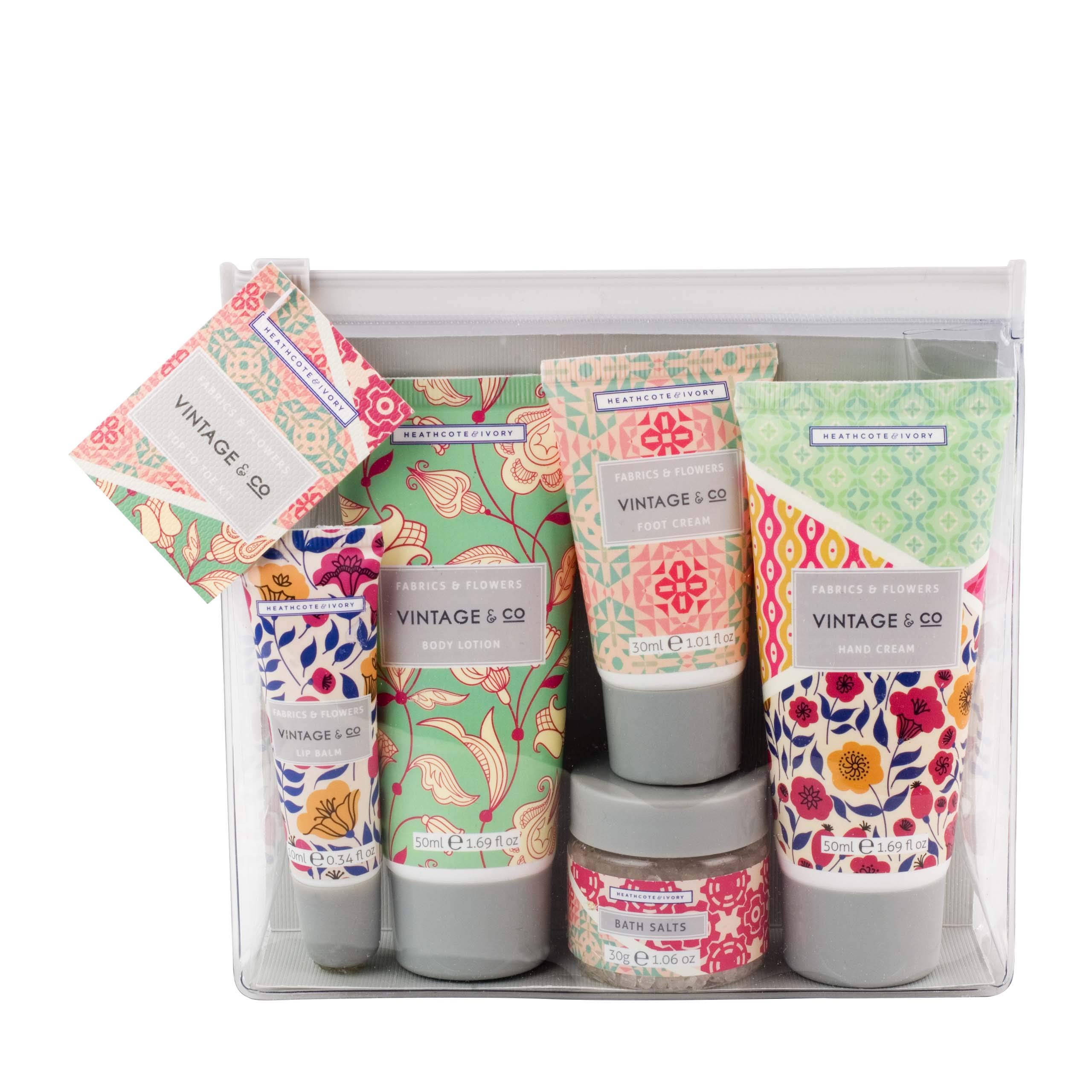 Vintage & CoBeauty Fabrics & Flowers Top To Toe Kit | 50ml Hand Cream, 50ml Body Lotion, 30ml Foot Cream, 10ml Lip Balm & 30g Bath Salts | Travel Friendly Sizes