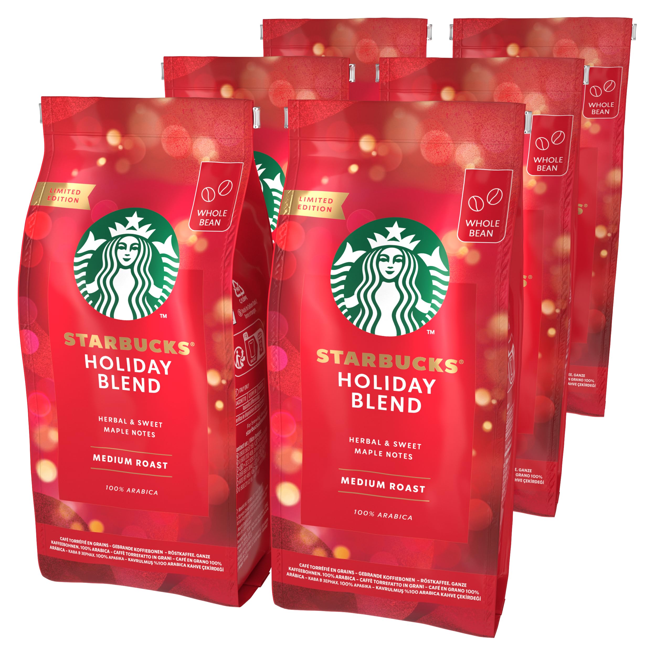 STARBUCKS Holiday Blend, Medium Roast, Whole Bean Coffee 190g (Pack of 6)