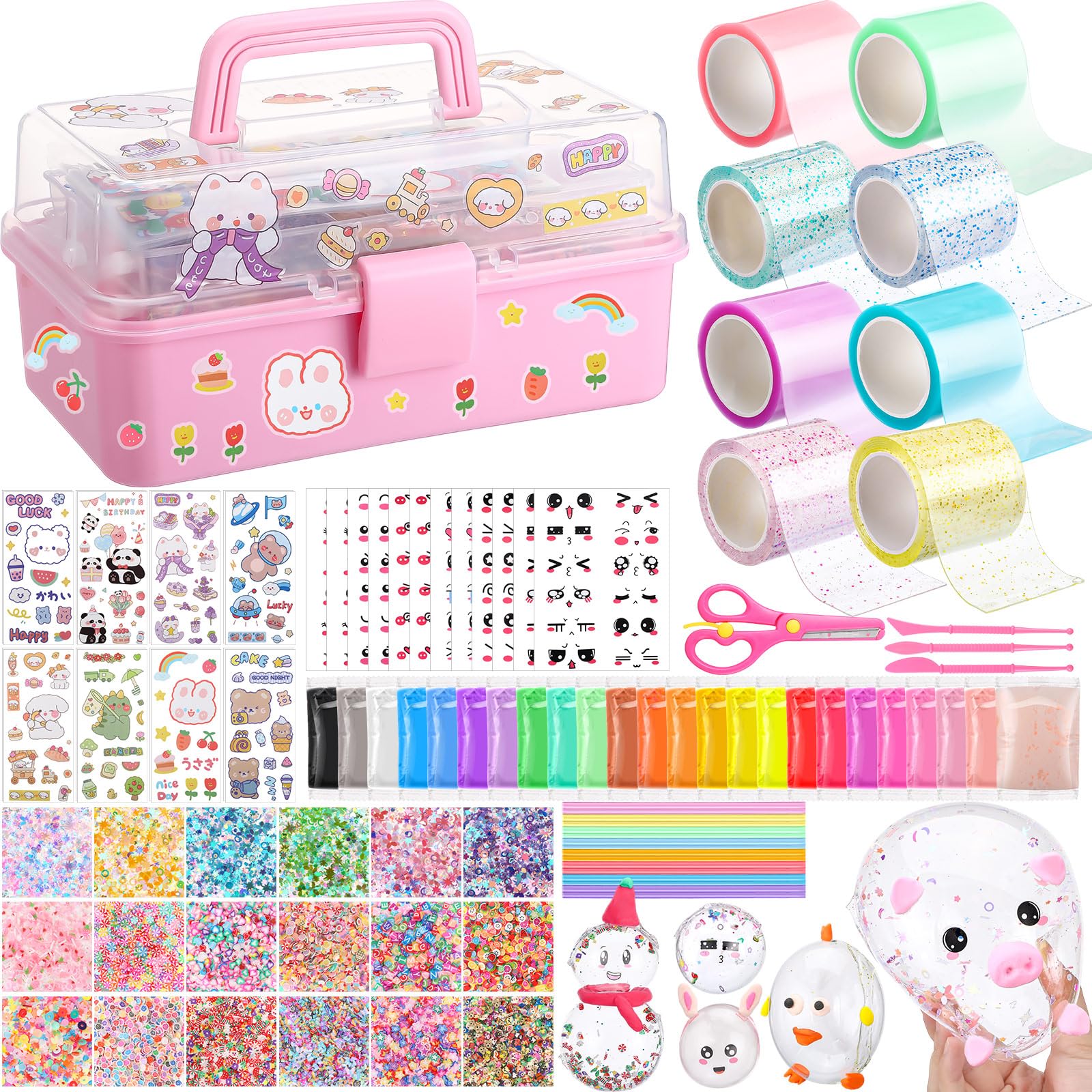 HyDren 96 Pcs Nano Tape Bubble Kit with Box 8 Pcs Color Double Sided Tape Elastic Bubbles DIY Craft Kit Glitter Clay Cute Stickers DIY Decorations Nano Tape Maker Kit Christmas Stocking Stuffers