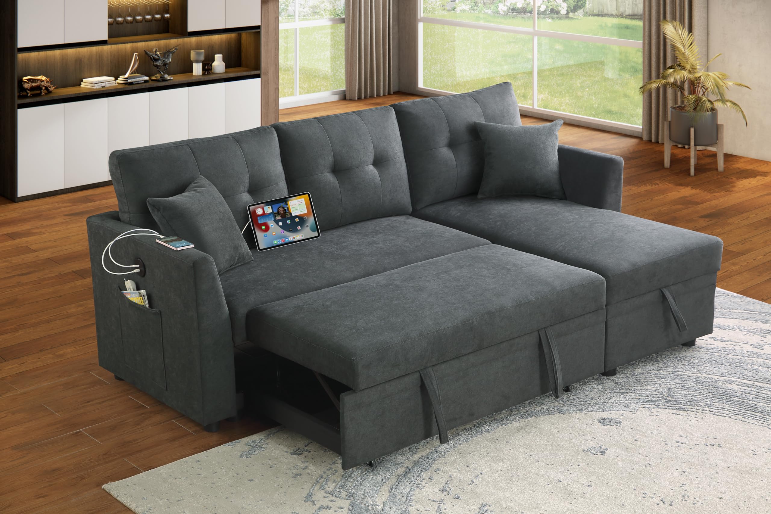 Eafurn Reversible Sleeper Sectional Sofa Convertible Pull Out Couch Bed Sofabed w/USB Ports and Storage Chaise, L Shaped Lounge Sofa&Couches for Living Room, Apartment, Office