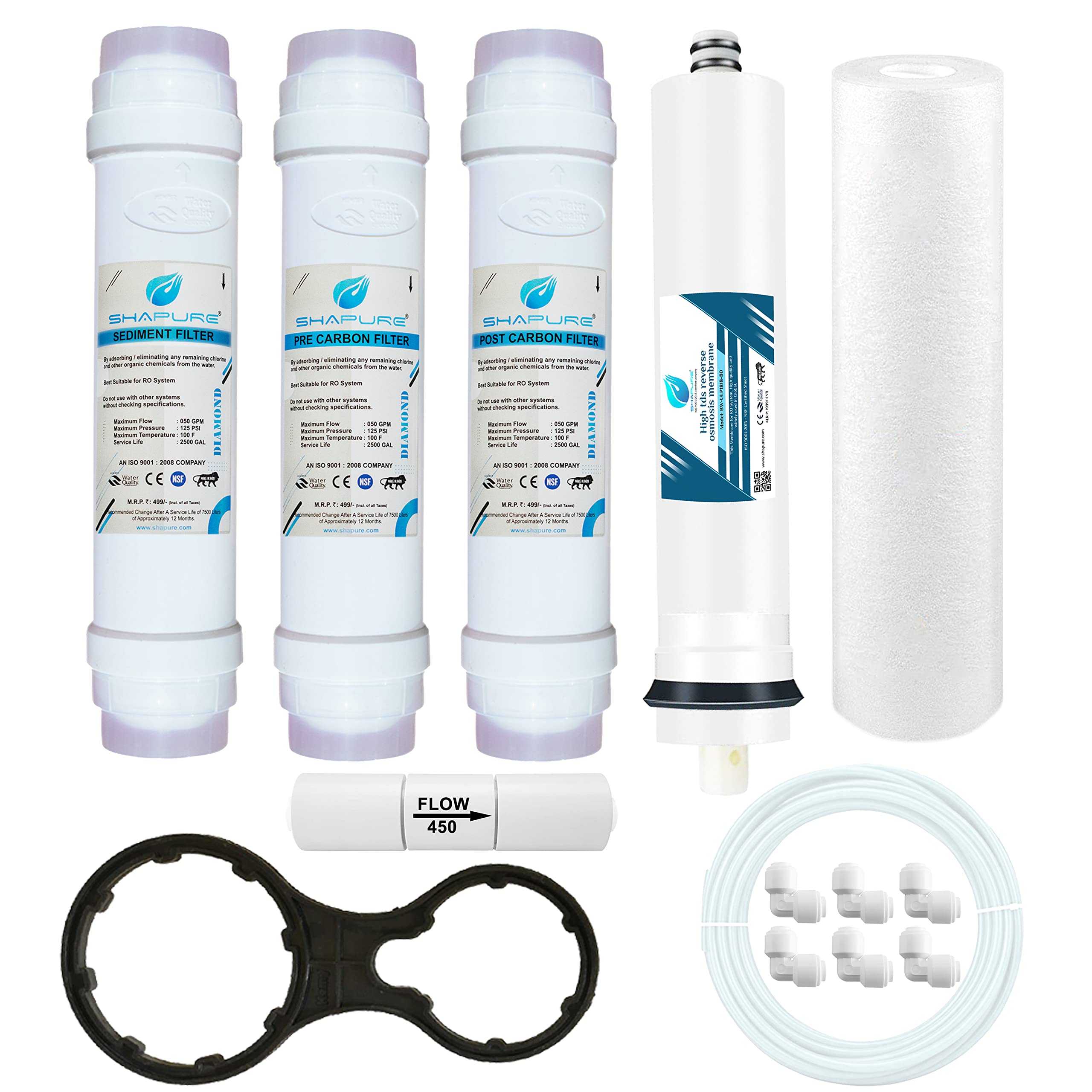 Shapure Complete Ro Service Kit with 80 GPD Membrane & Filter kit set for Domestic and office RO Water Purifiers Compatible with most of the RO (Membrane Inline Spun Carbon Sediment Cartridge TDS Meter and Spare parts)(Works up to 2000)