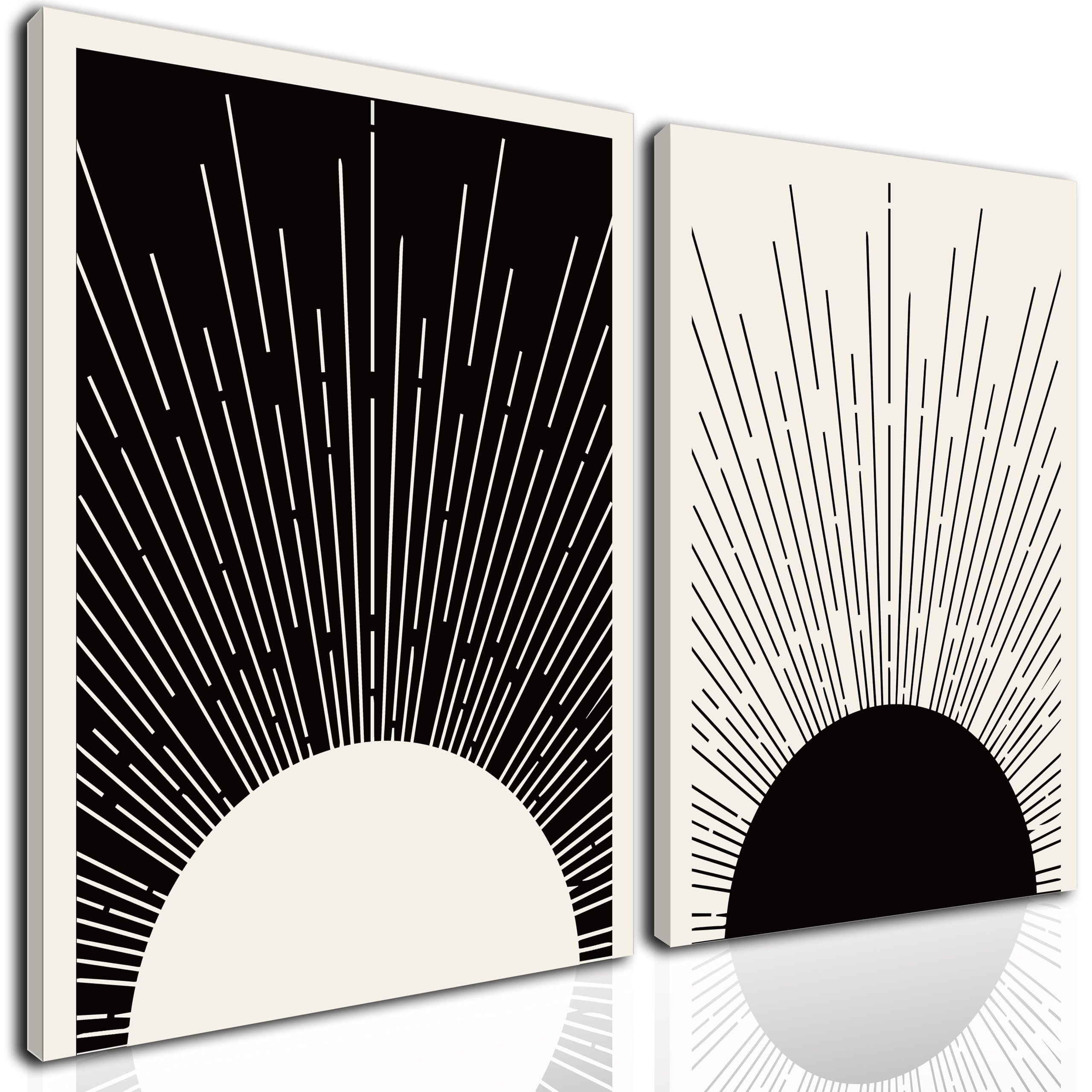 Hwetui Framed Boho Sun Wall Art Set of 2 Black and White Minimalist Sunrise Canvas Prints Abstract Sunshine Painting Geometric Line Pictures Home Decor for Living Room Bedroom Bathroom 12x16in