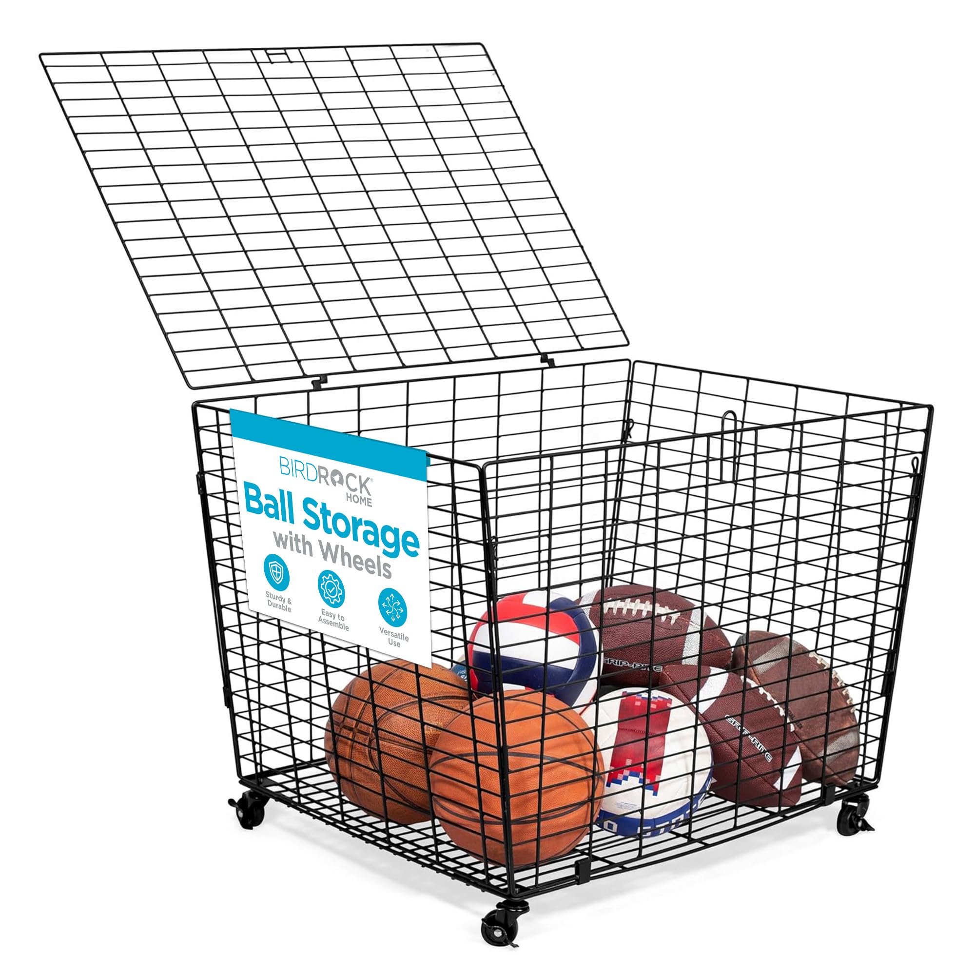 BIRDROCK HOME Sports Ball Basket Organizer with Wheels & Heavy Duty Casters - Ideal for Basketball, Football, Soccer, Baseball - Lockable Ball Storage Locker with Lid for Gym, Garage or Outdoor Use