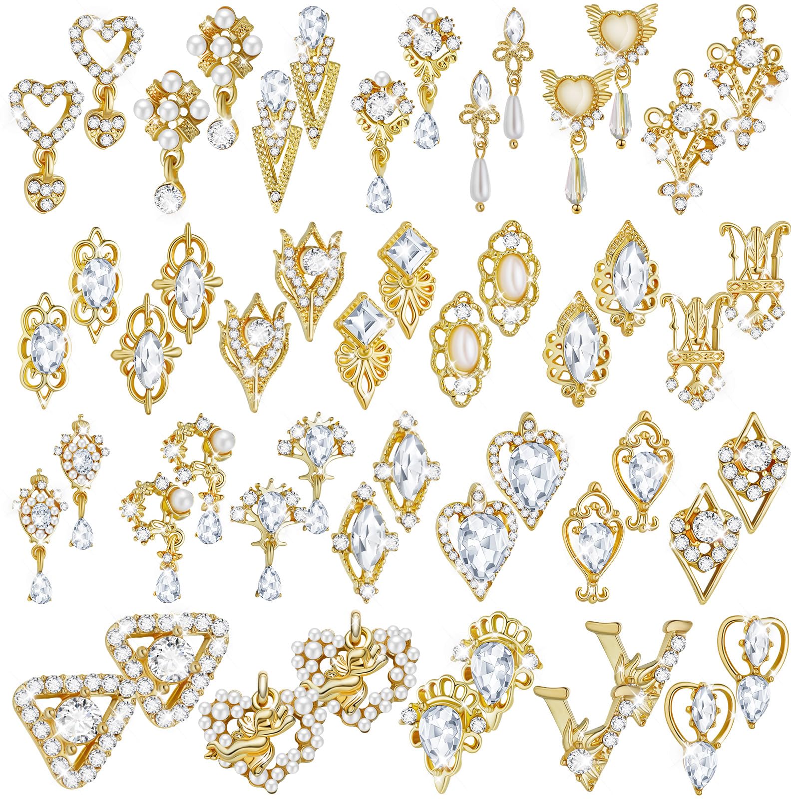 Maitys 54 Pieces Gold Nail Charms Rhinestones Heart Nail Charms Alloy 3D Dangle Nail Jewelry Charms Crystal Metal Nail Gems Flowers Studs for Christmas Nail DIY(Gold, Classic Style)