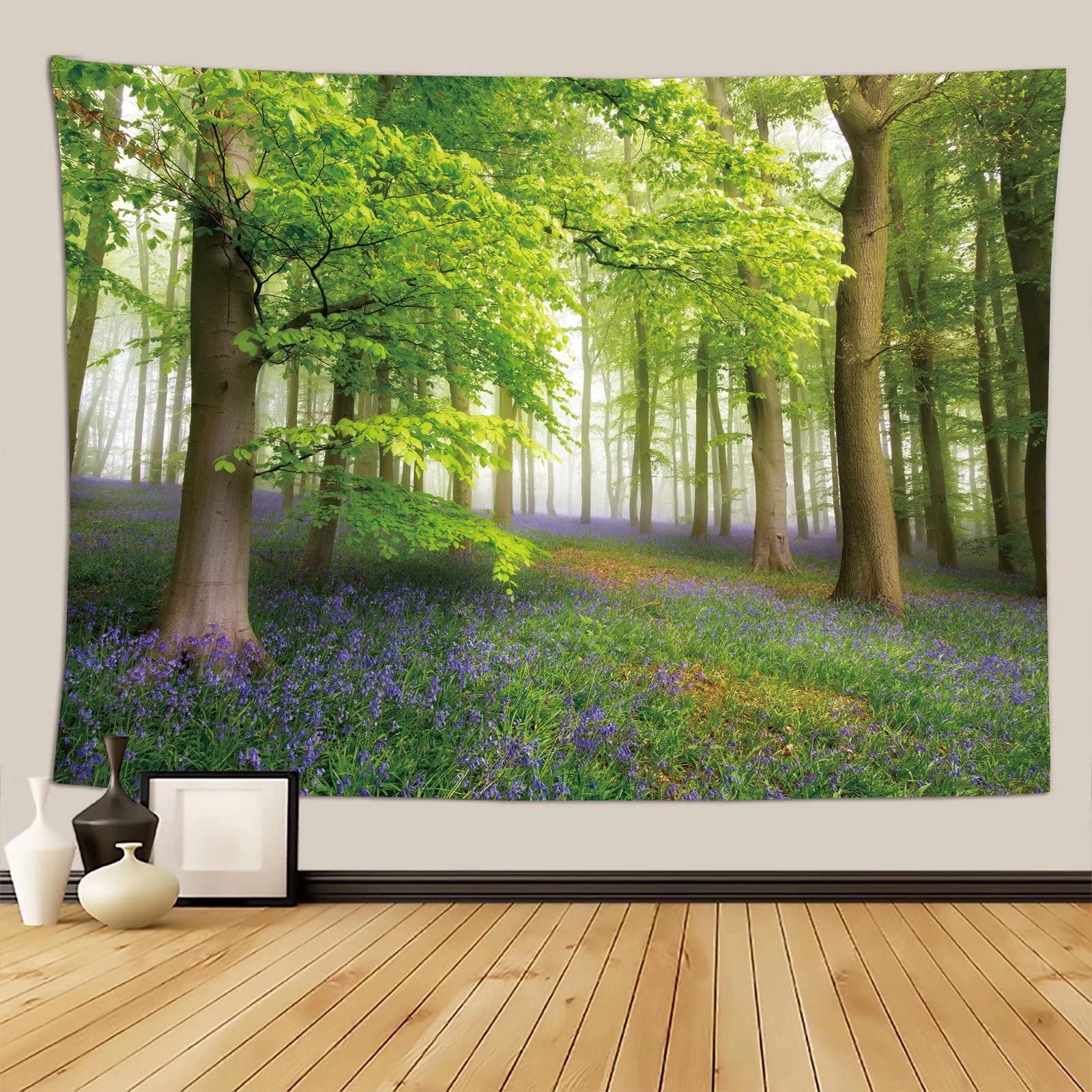 Fullfun Misty Forest Wall Tapestry, Upgraded Tree Tapestries Nature Landscape Tapestry with Lavender for Bedroom Livingroom Dorm Decor 150 cm x 200 cm (60 x 80 inch)