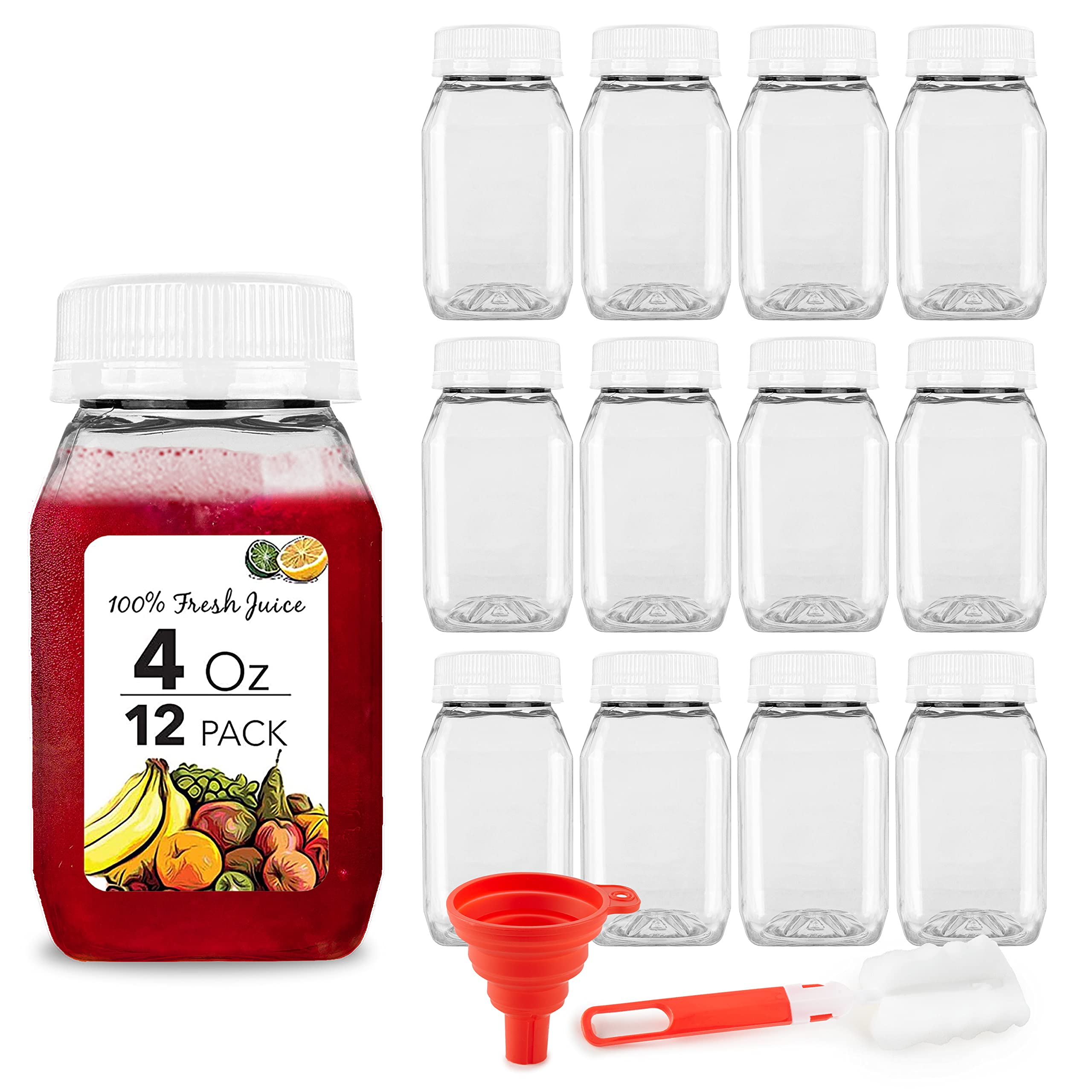 4 Ounce Mini Bottles for Mini Fridge, Reusable Juice Containers with White Caps, Small Bottle for Liquids in Kids Lunch Box, Clear Empty Plastic Container with Lids for Juicing (12 Pack)