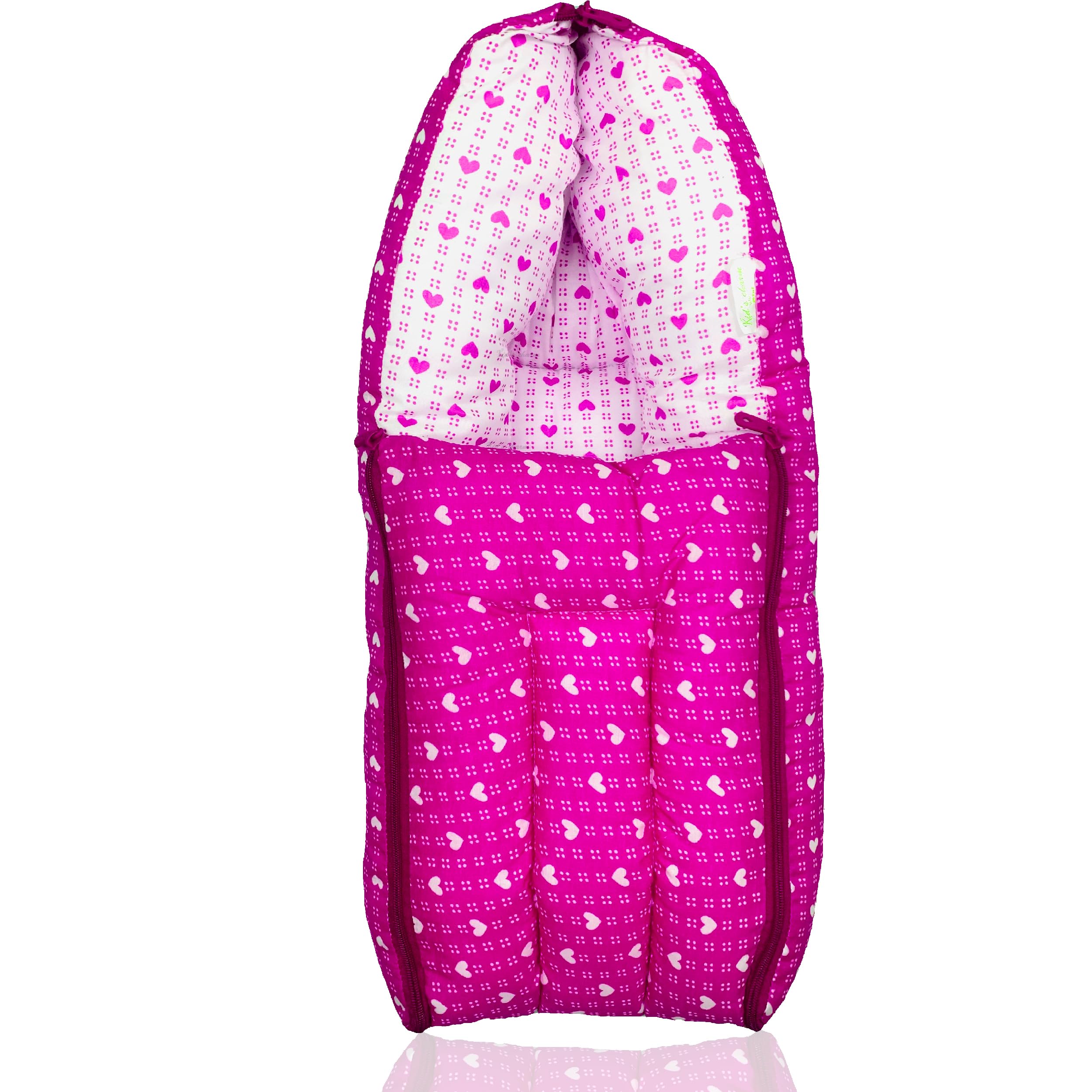 Infans Mini Dotted-Heart Mega 3 in 1 Baby's Cotton Bed Cum Carry Bed Printed Baby Sleeping Bag-Baby Bed-Infant Portable for Unisex Easily Portable, Light Weight Carry for New Born 4-8 Months Old(Pink)