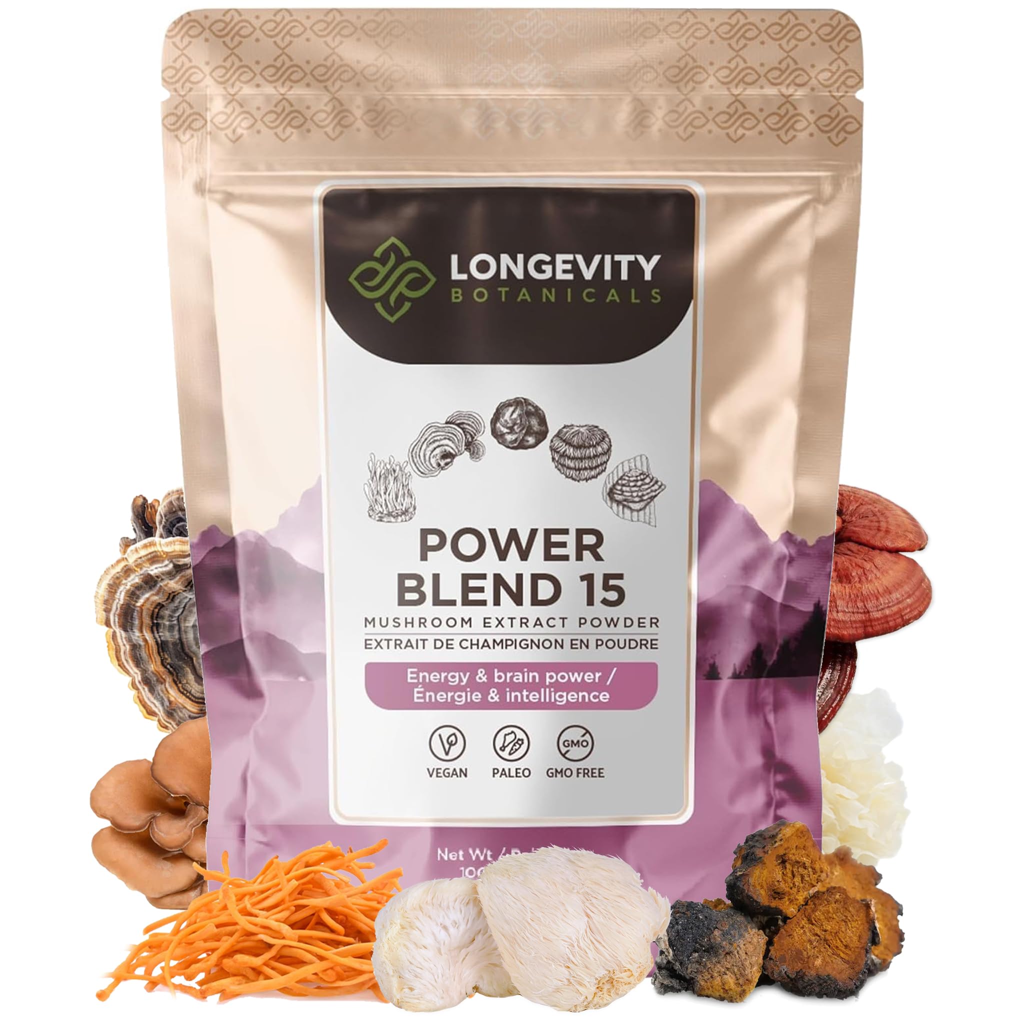 Longevity Botanicals 15 Mushroom Supplement Blend - Mushroom Complex Powder - Promotes a Balanced Immune System, Mental Clarity, Focus, and Relaxation - 100 Grams