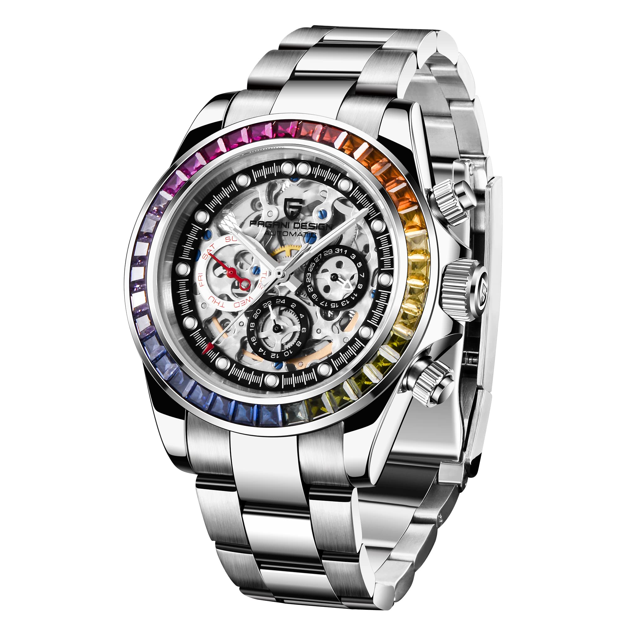 LACZ DENTON Pagani Design Men's Watch Rainbow Circle Automatic Mechanical Waterproof Stainless Steel Skeleton Watches for Men, 0m-gwir-hg3w, Bracelet