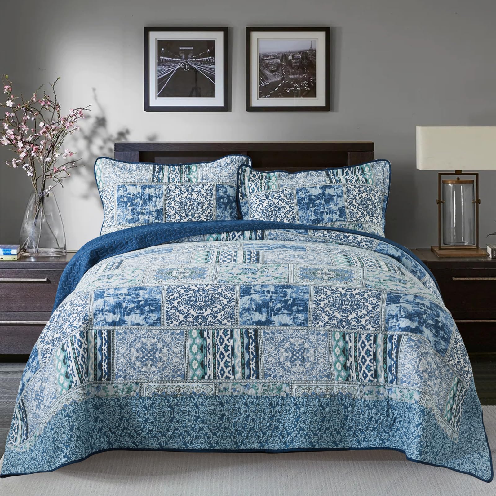 NEWLAKE Cotton Bedspread Quilt Sets-Reversible Patchwork Coverlet Set, Blue Classic Bohemian Pattern,California King Size