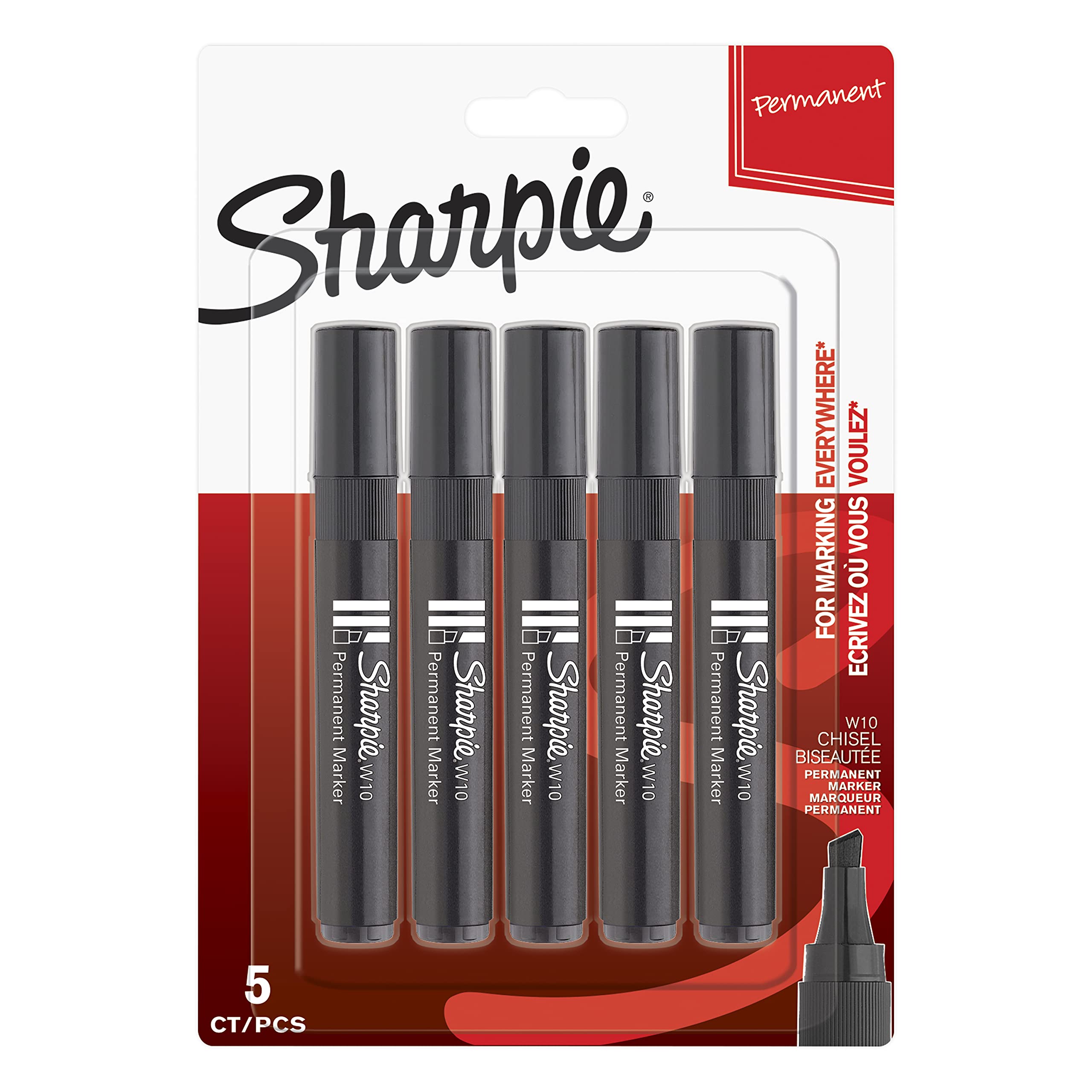 SharpieW10 Permanent Markers, Chisel Tip, Black, 5 Count