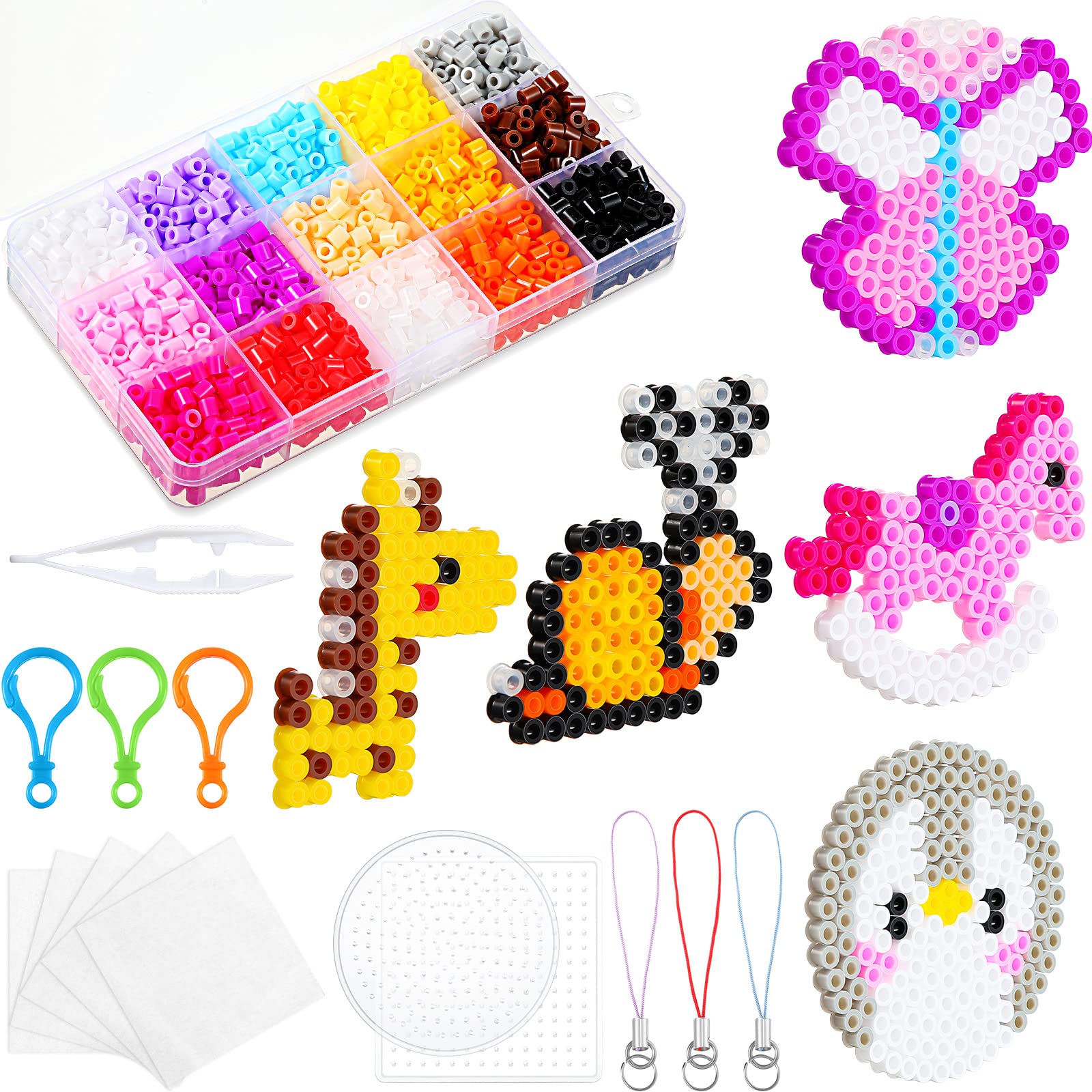 2000 Pcs Fuse Beads Kit Iron on Beads Set Perler Plastic Pixel Beads for Kids DIY Craft Keychain Ornament Making with Butterfly Hobbyhorse Snowflake Patterns and Iron Beads Pegboards (Animal Style)