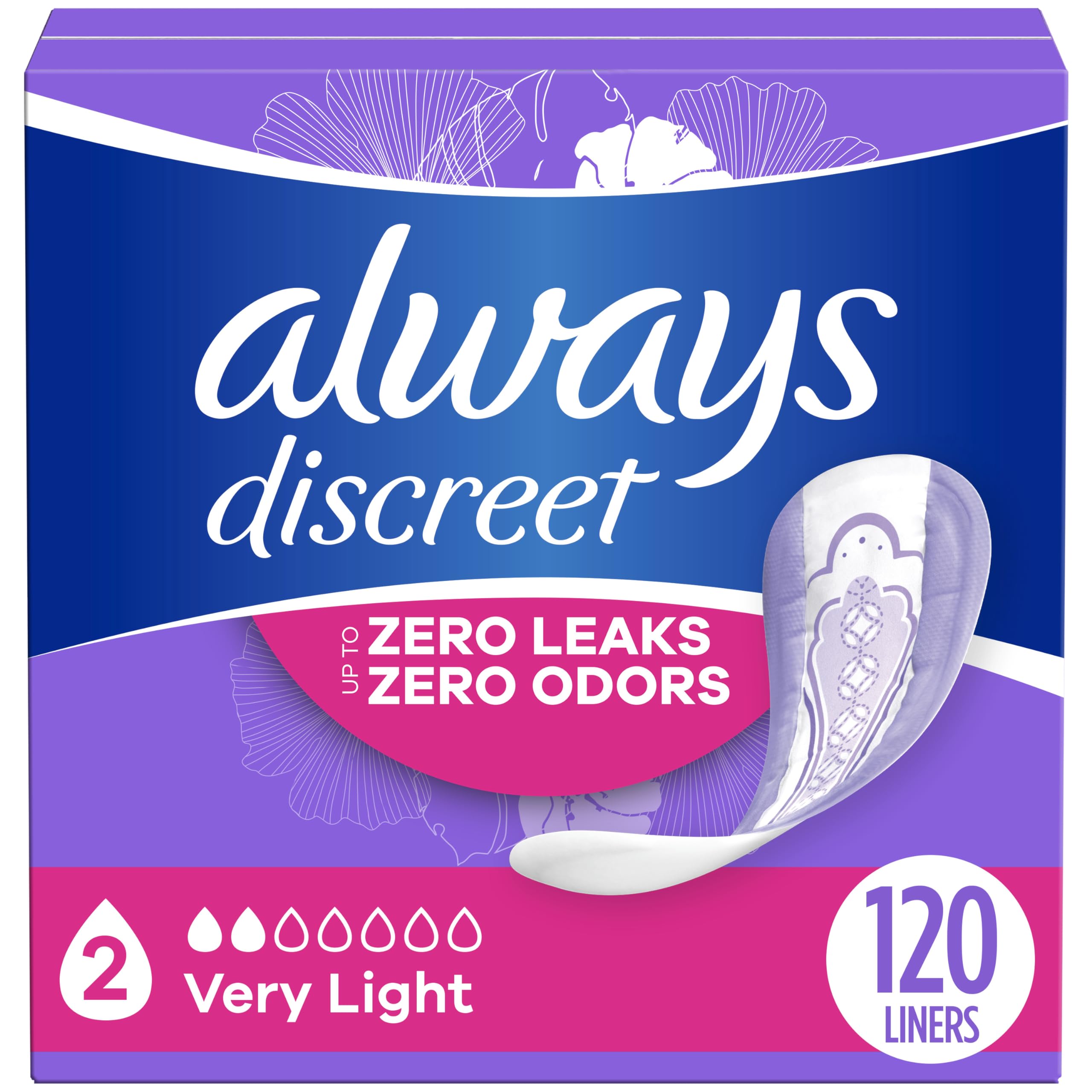 Always Discreet Adult Incontinence & Postpartum Liners for Women, Size 2, Very Light Absorbency, Regular Length, 120 Count (Packaging May Vary)