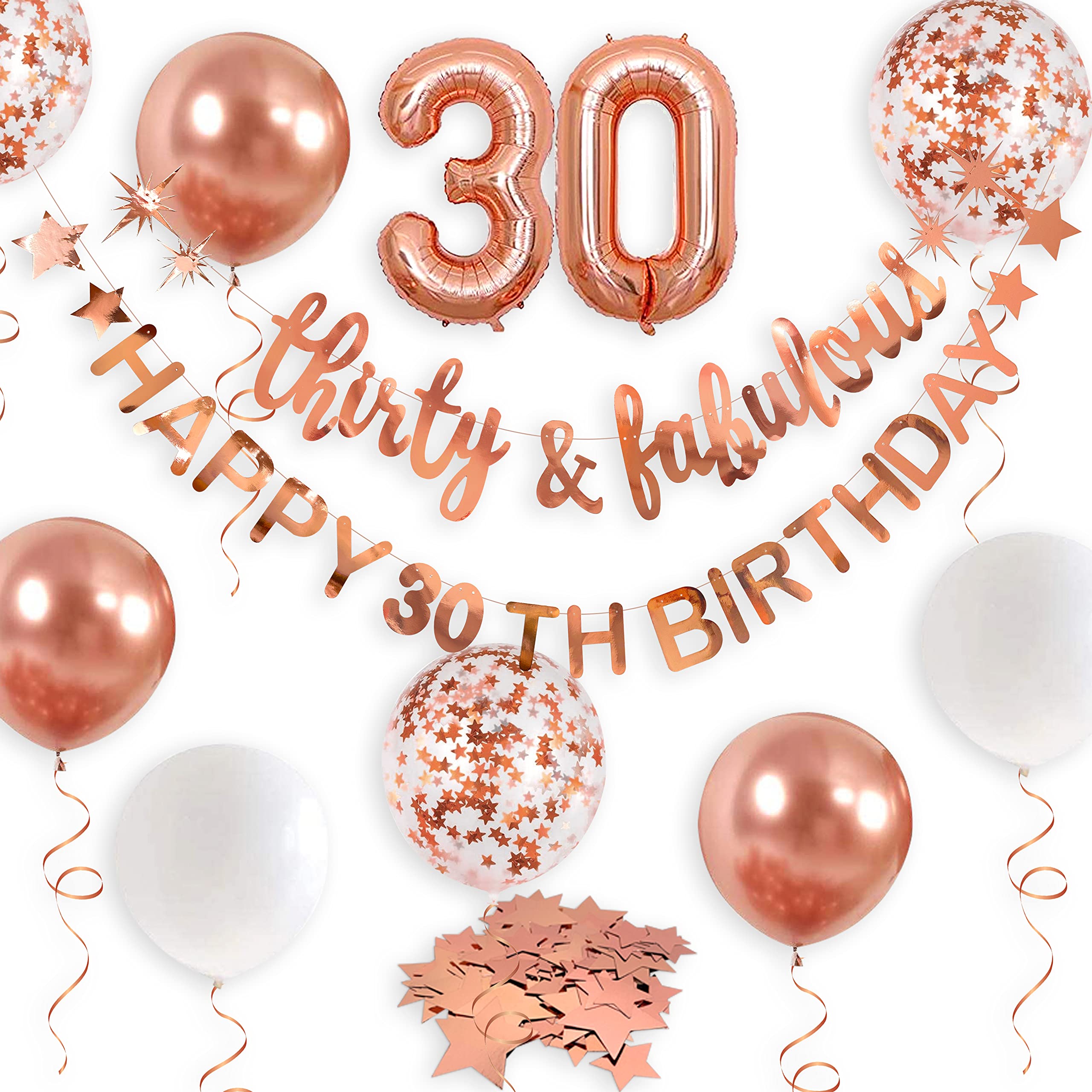 Rose Gold Thirty & Fabulous Happy 30th Birthday Banner Garland Foil Balloon 30 for Womens 30th Birthday Decorations Hanging 30 and Fabulous Cheers to 30 Years Old Dirty Thirty Party Supplies Backdrop