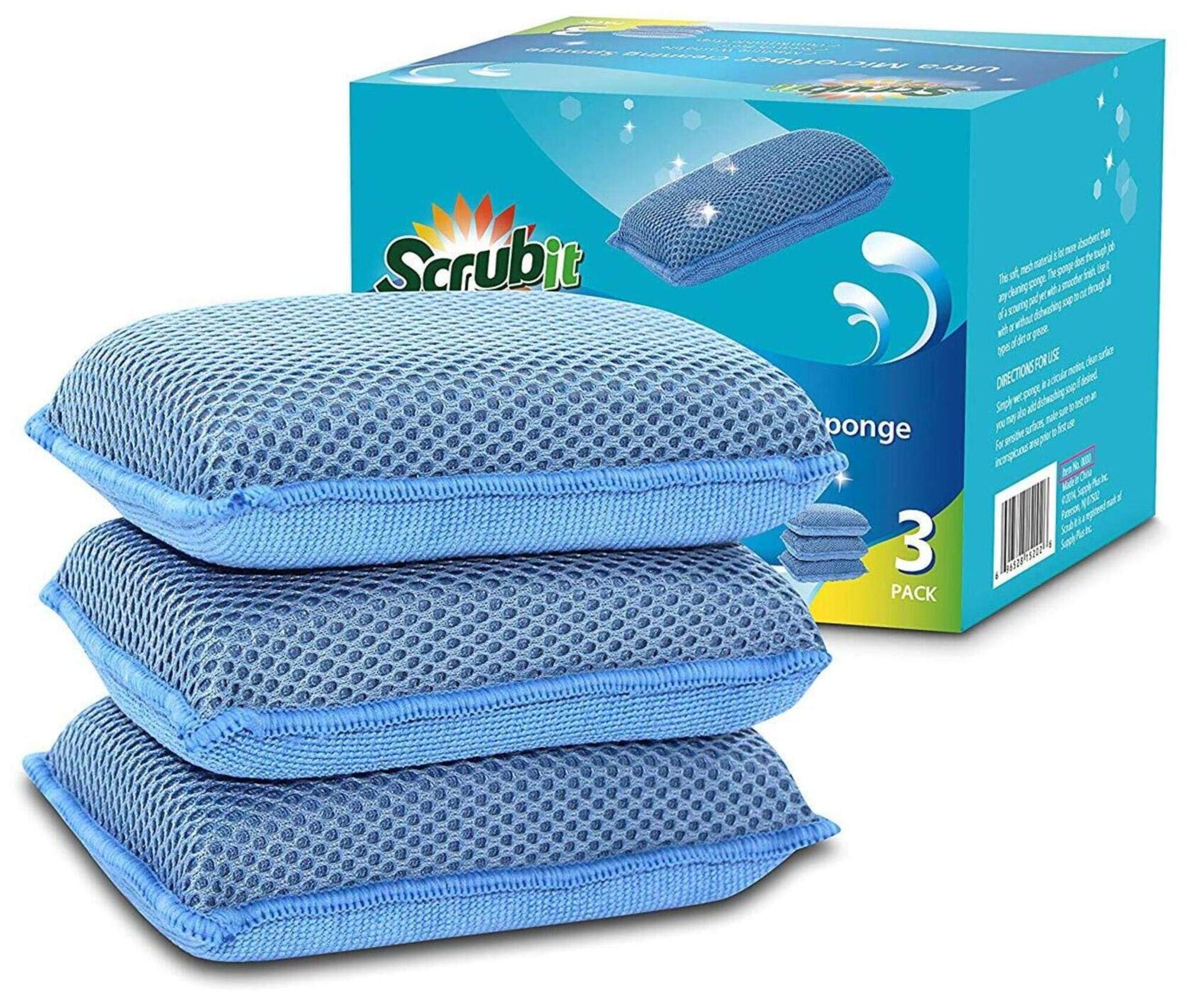 Scrub-It Miracle Microfiber Kitchen Sponge by - Non-Scratch Heavy Duty Dishwashing Cleaning sponges- Machine Washable - (Blue)