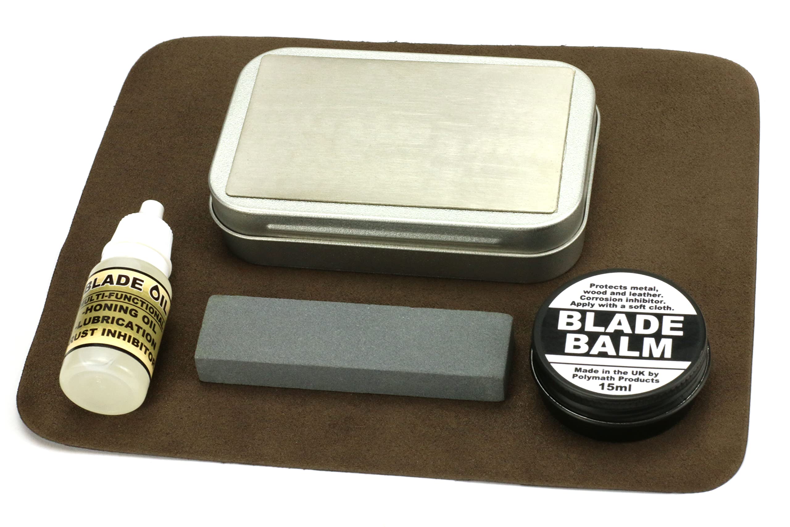 Compact Blade Care Kit – Pocket-Sized tin, containing Essentials for Sharpening and Protecting Knives, Axes and Other bladed Tools in The Field. with #1000 grit Diamond Sharpener Surface. UK-Made.