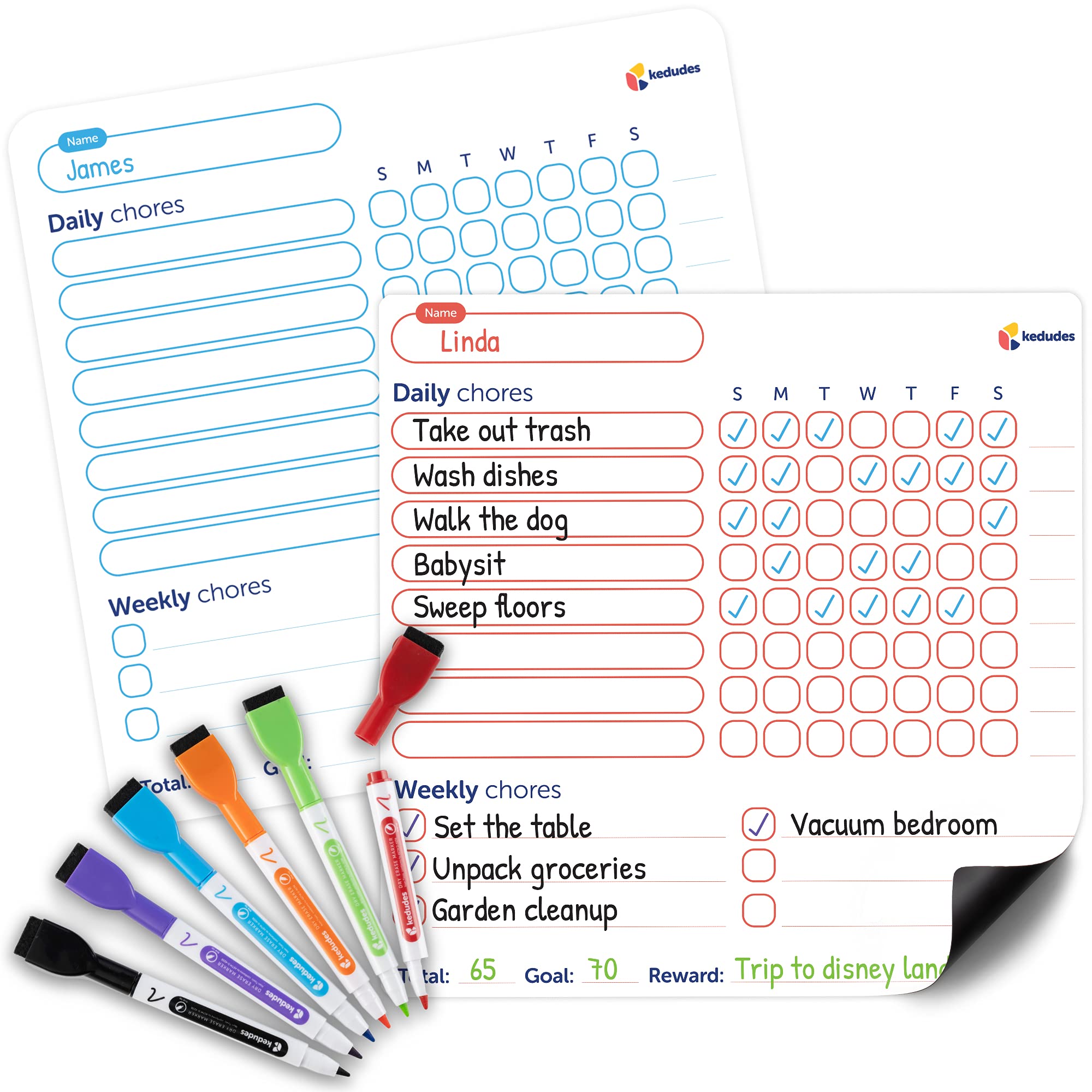 kedudesKedudes Magnetic Dry Erase Chore Chart - 2pk Erasable Weekly Chore Chart - Chores Chart for Kids - Magnetic Chore Chart for Kids with 6 Eraser Cap Markers - for Family, Toddler, Teenagers, Adults