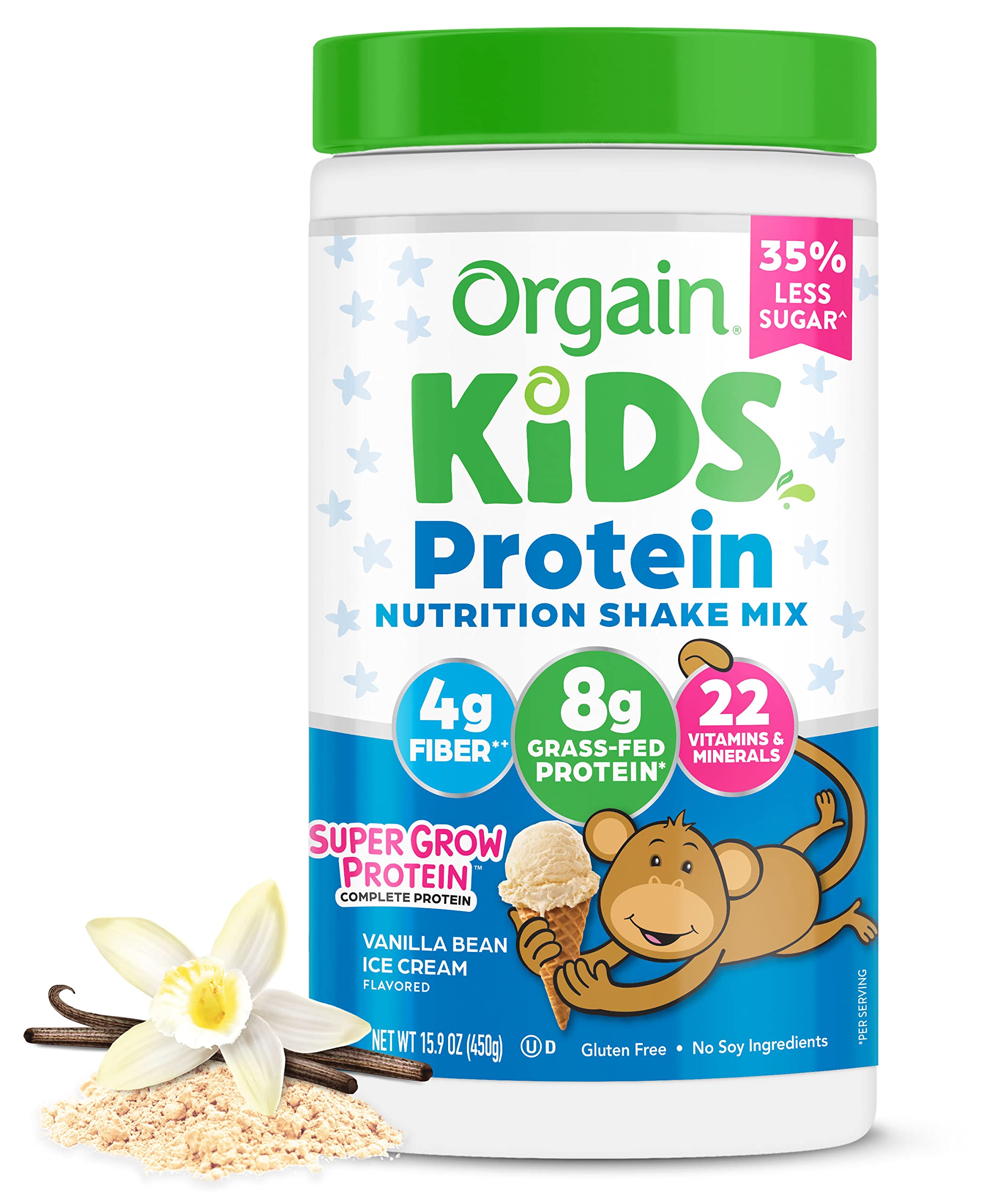 Orgain Kids Protein Powder Shake Mix, Vanilla Bean Ice Cream - 8g Grass-Fed Dairy Protein, 4g Fiber, 22 Vitamins & Minerals, Gluten Free, No Soy Ingredients, Adds Healthy Nutrients to Kids Snacks, 1lb