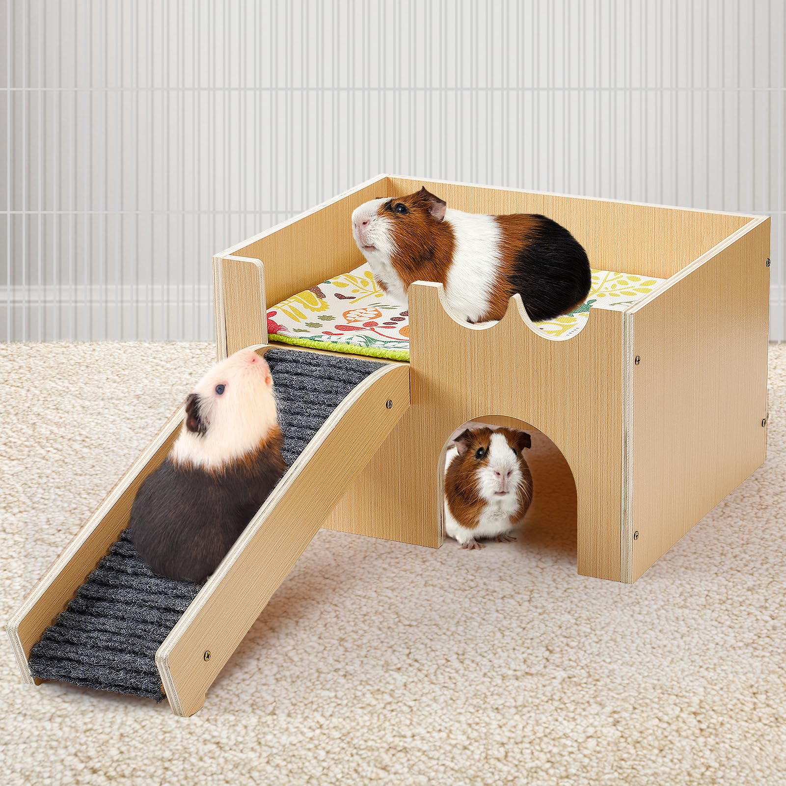 Upgraded Guinea Pig Castle, Sturdy Wooden Guinea Pig Hideout, Small Animal House Bed Hut Habitats with Stairs, Easy to Assemble for Hamsters Bunny Chinchillas Playing Hiding