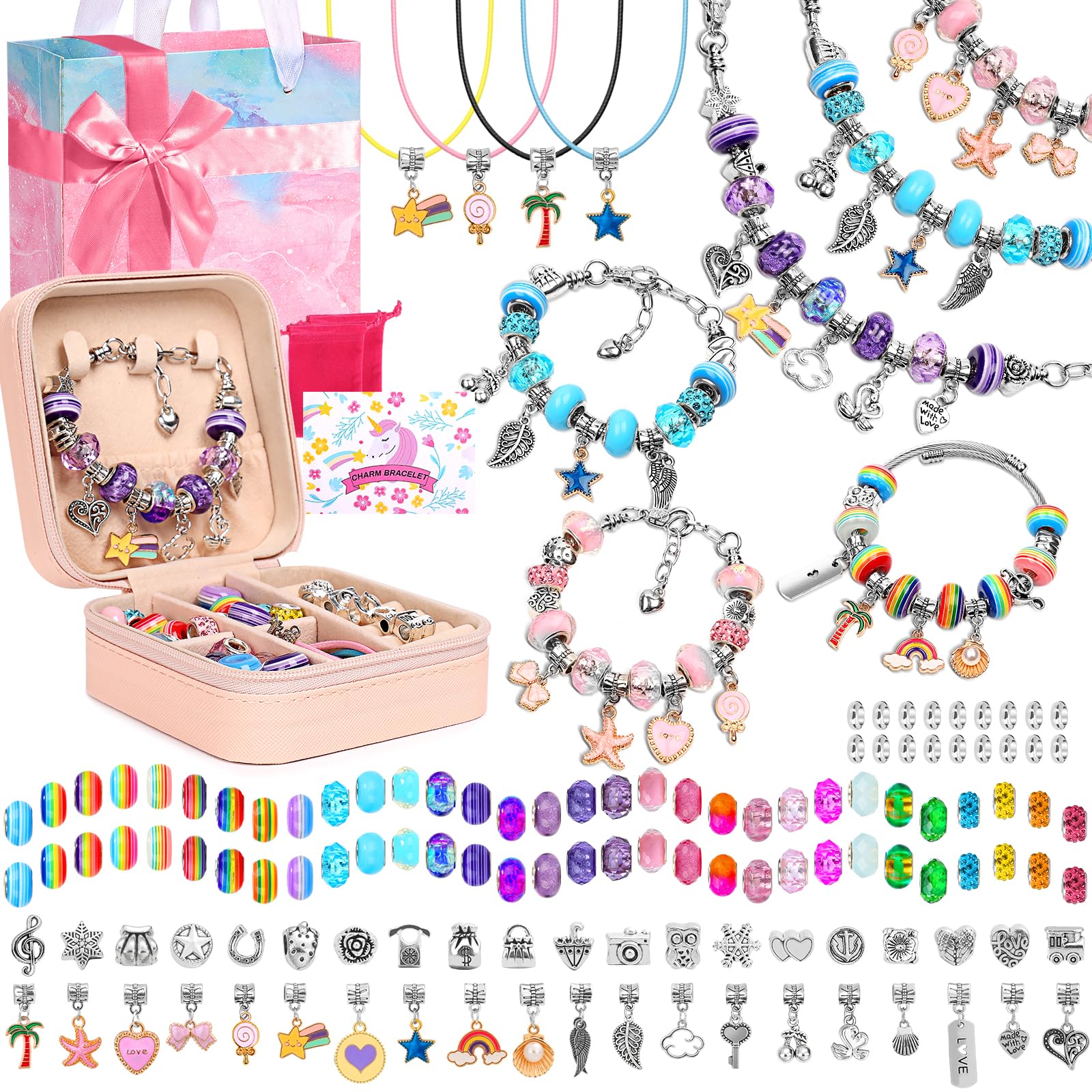 Charm Bracelet Making Kit for Girls, 140 PCS DIY Craft Bead Sets Jewelry Making Kit for Teen Girls Age 8-12, Portable Bracelet Organizer Gift Box for Teenage Birthday Christmas Stocking Gift