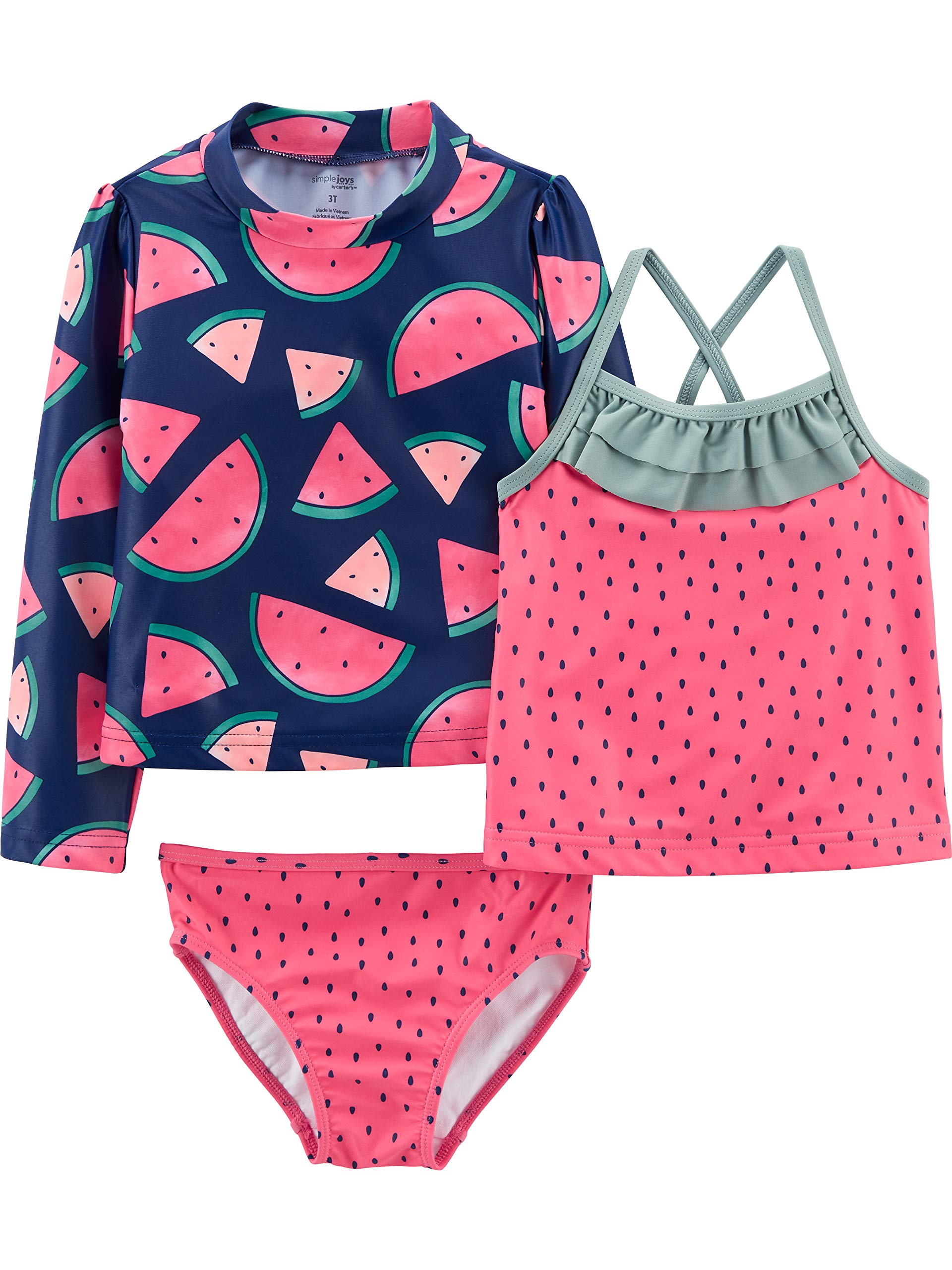 Simple Joys by Carter'sGirls' 3-Piece Assorted Rashguard Sets, Watermelon, 3T