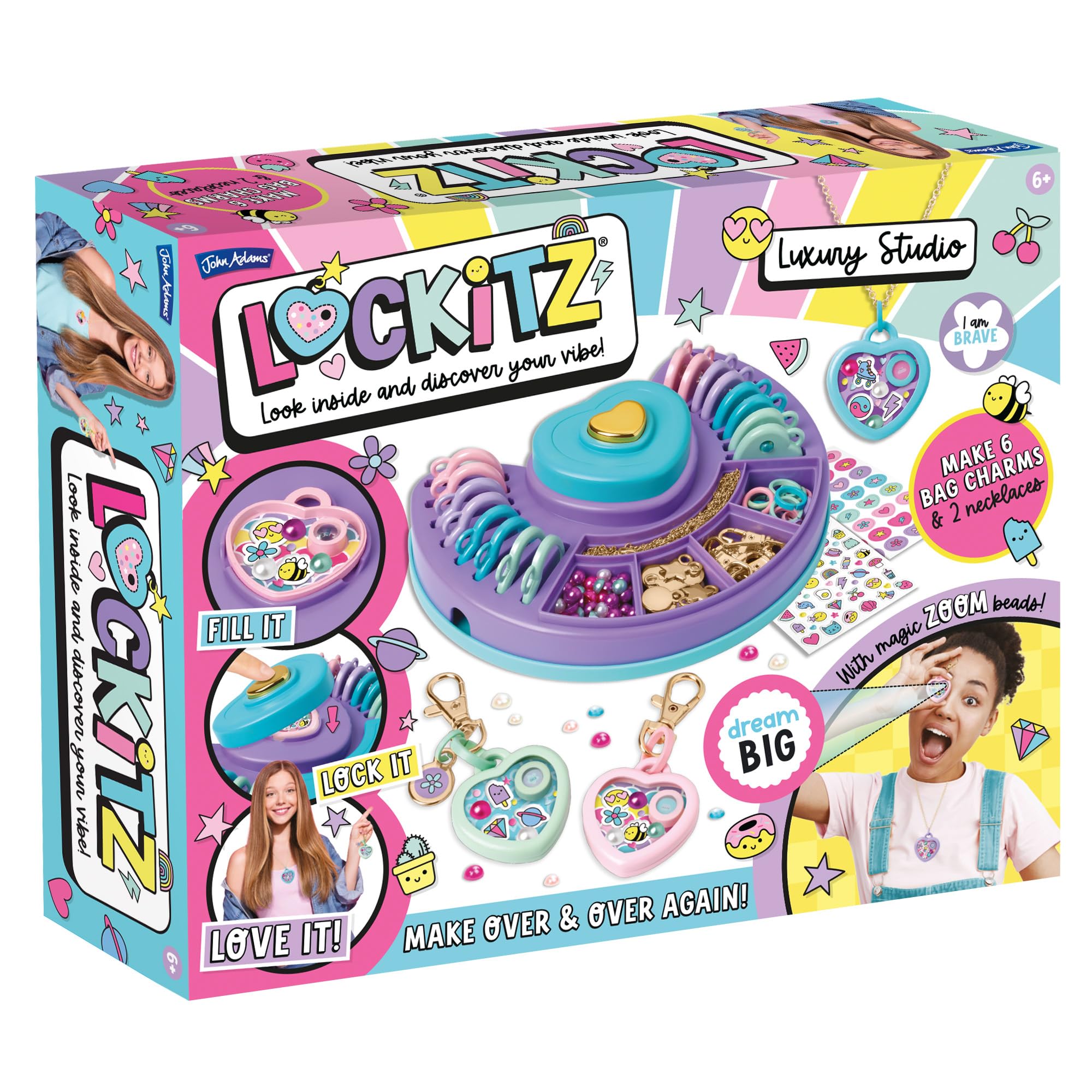 John Adams Lockitz Luxury Studio: Arts and Crafts Fashion Jewellery Maker, create cute bag charms and necklaces, includes secret Zoom Beads with 8 messages to find inside, for kids 6+