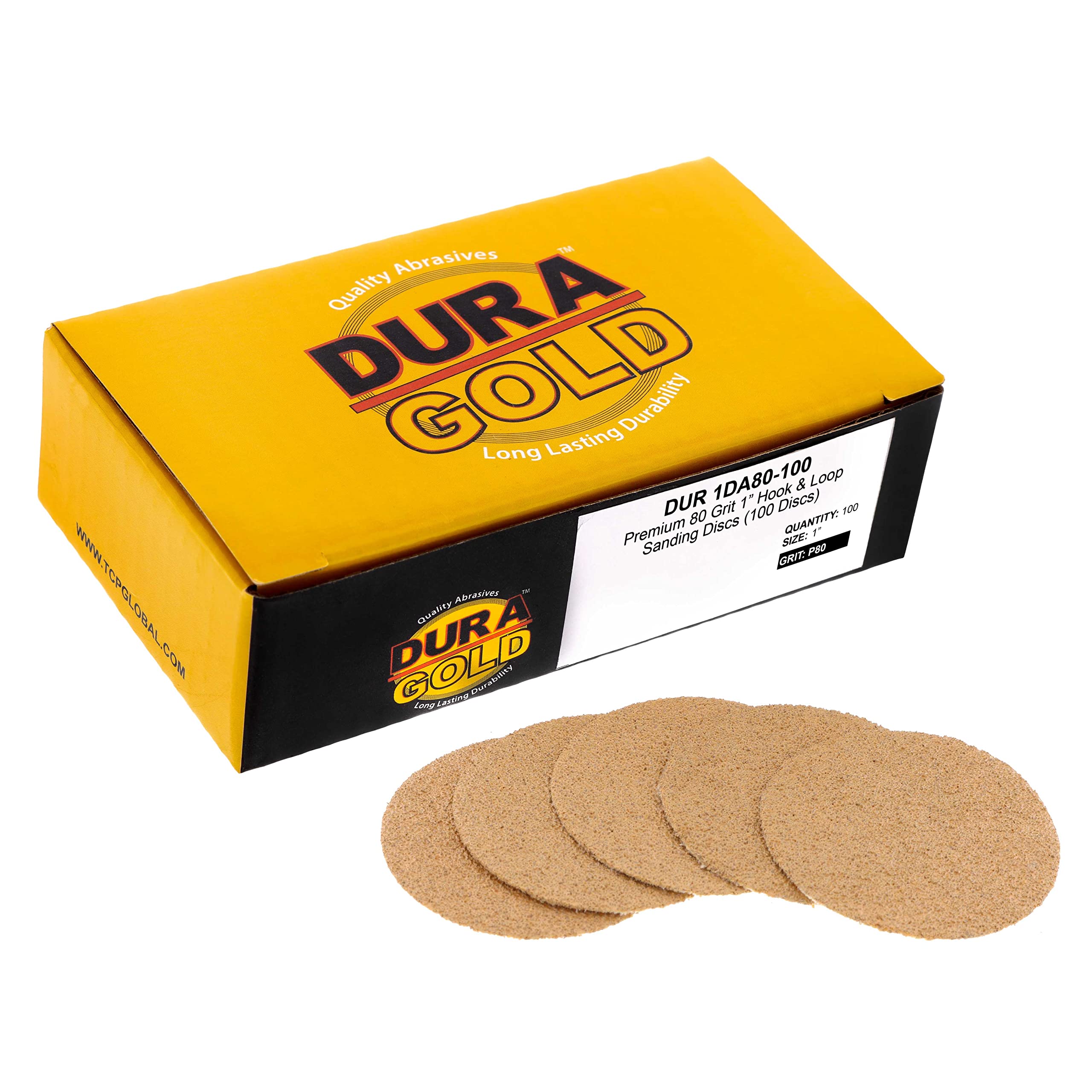 Dura-Gold - Premium - 80 Grit 1" Gold Hook & Loop Sanding Discs for DA Sanders - Box of 100 Sandpaper Finishing Discs for Automotive and Woodworking