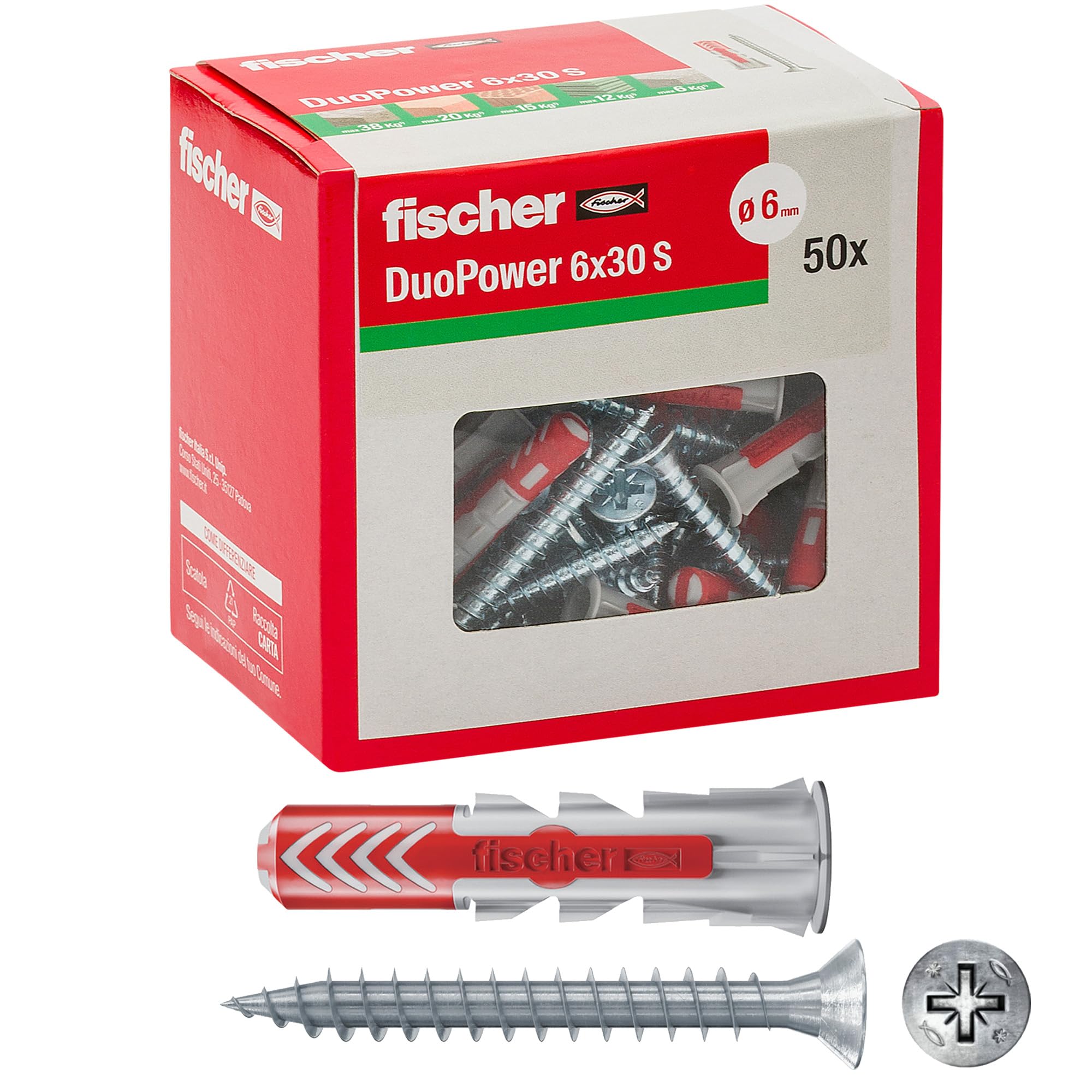 Fischer 544016 Duopower Anchors with Screw, 6 x 30 mm, for Solid Wall, Perforated Brick, Drywall