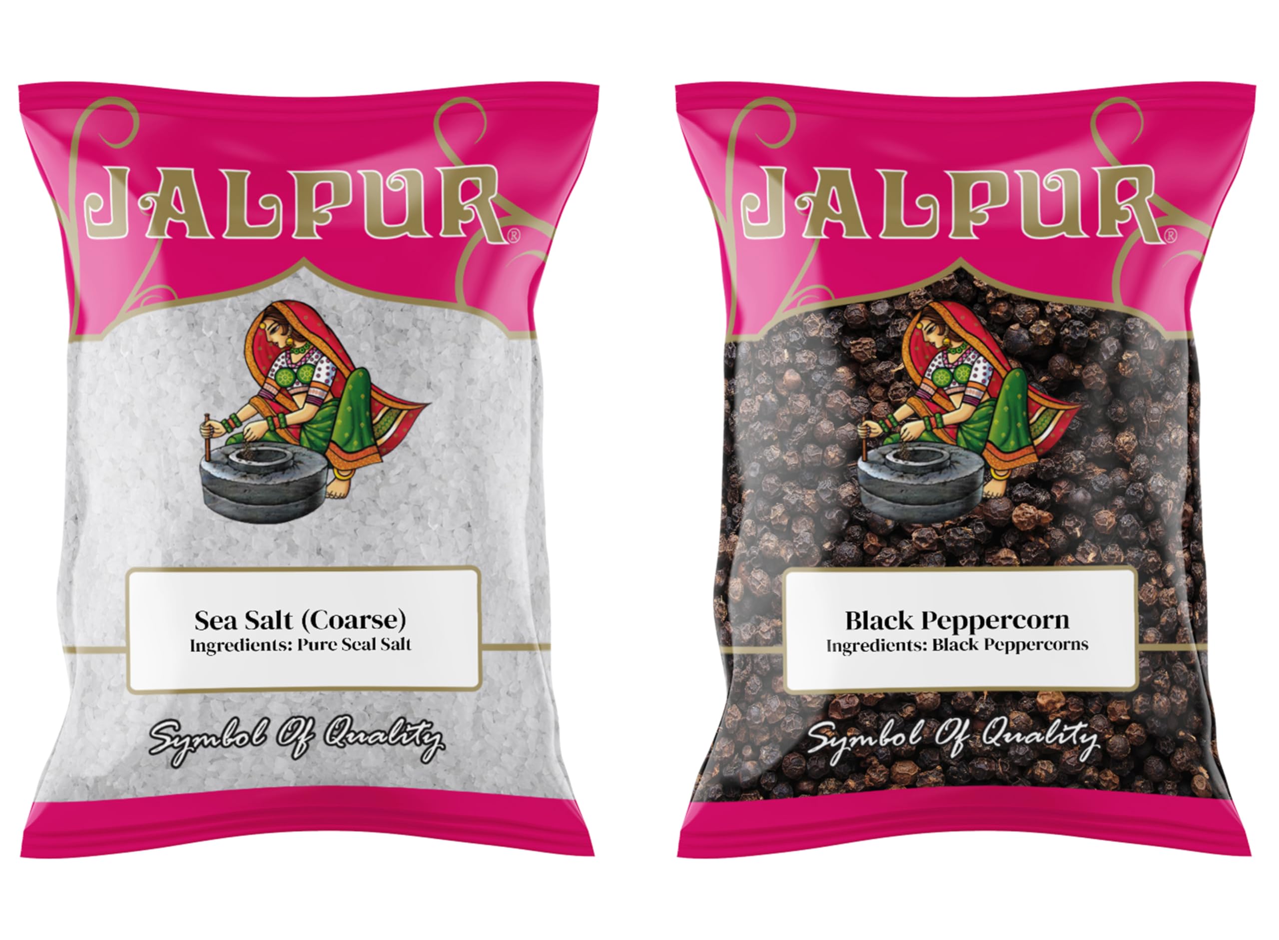 Jalpur Millers Spice Combo Pack - Sea Salt Coarse 200g - Whole Black Peppercorns 100g (2 Pack)