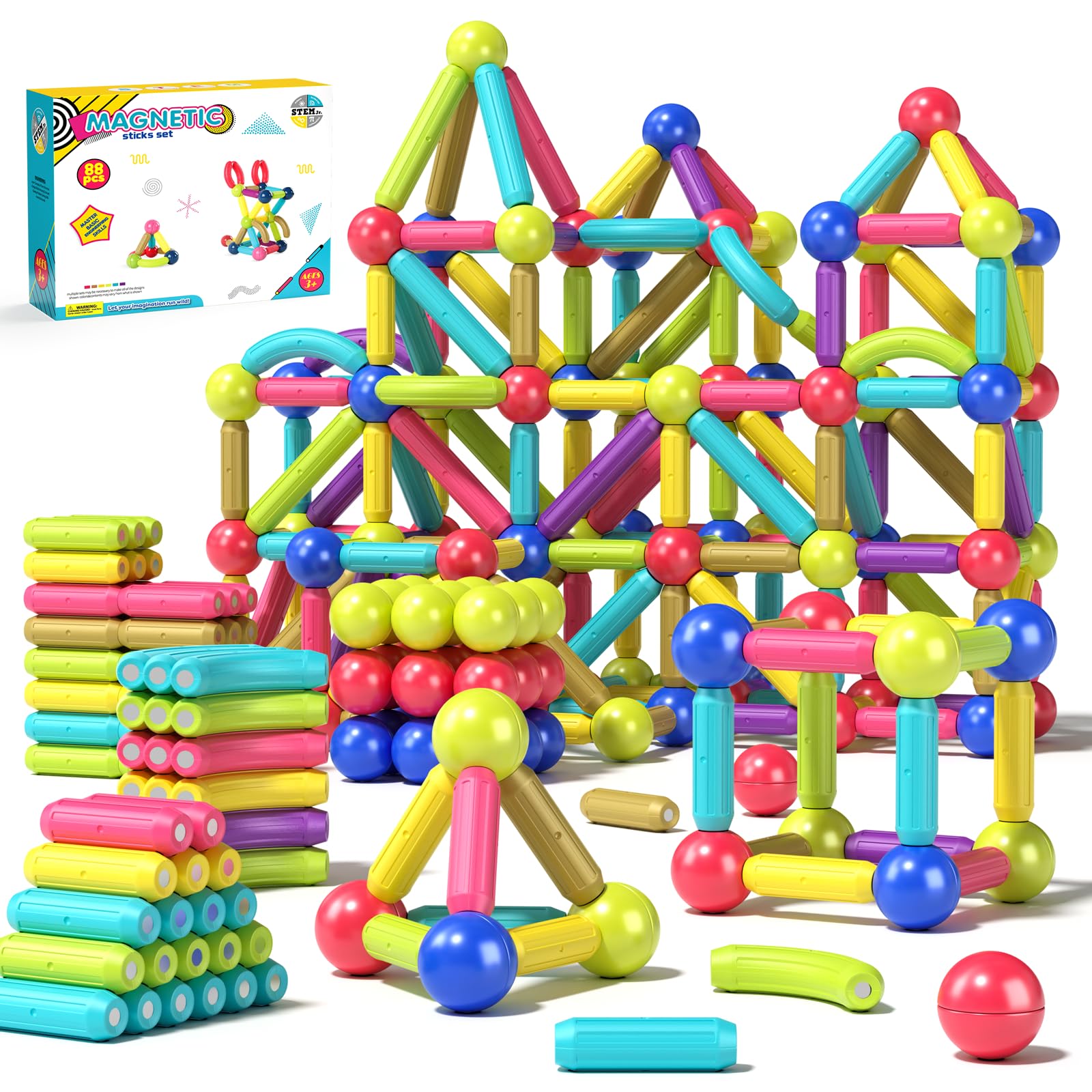 Magnetic Building Toys for Kids, 88pcs Magnetic Tiles Toddler Toys, Magnet Blocks Sticks & Ball Creativity Game, STEM Brain Development Kit for Preschool Girls,Boys Ideal Gift Set