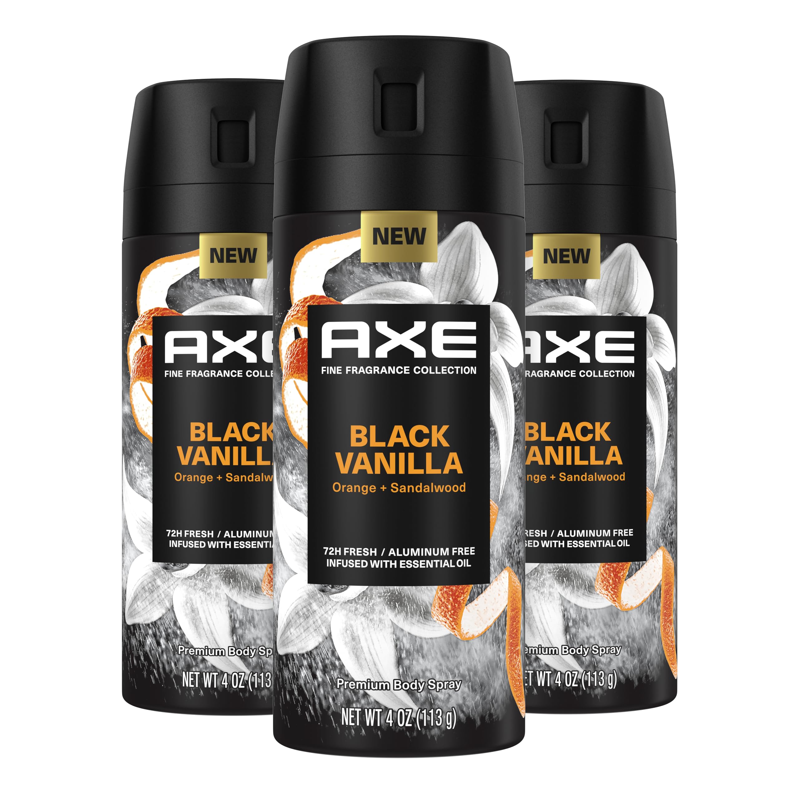 AXEFine Fragrance Collection Premium Body Spray Black Vanilla with Orange + Sandalwood 3 Count with 72H Odor Protection Aluminum-Free 4 oz