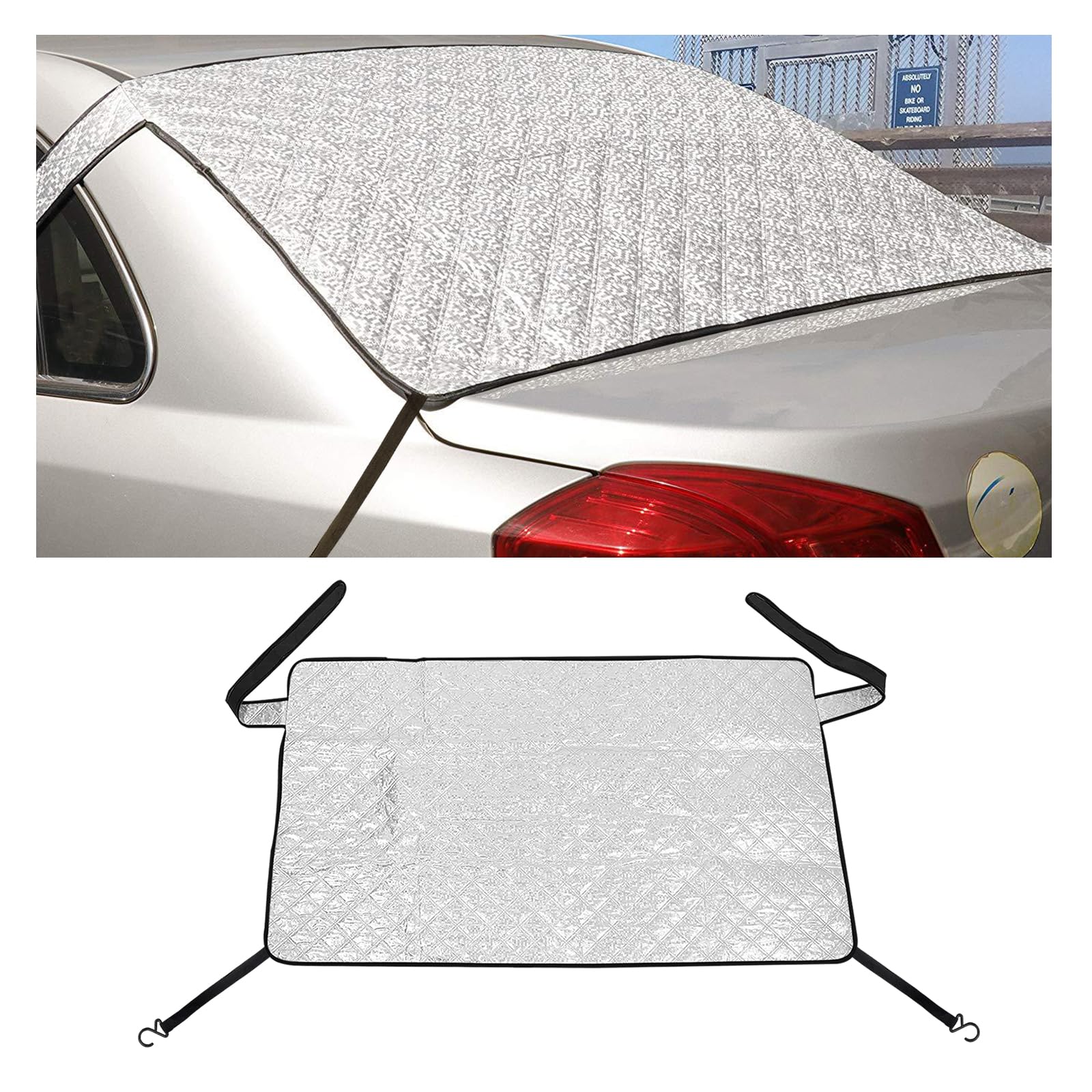 Car Rear Windshield Cover, 4 Layers Auto Rear Windscreen Snow Ice Cover with 2 Hooks, All-Weather Ice Frost Snow Protector, Automotive Winter Accessories for Most Vehicles