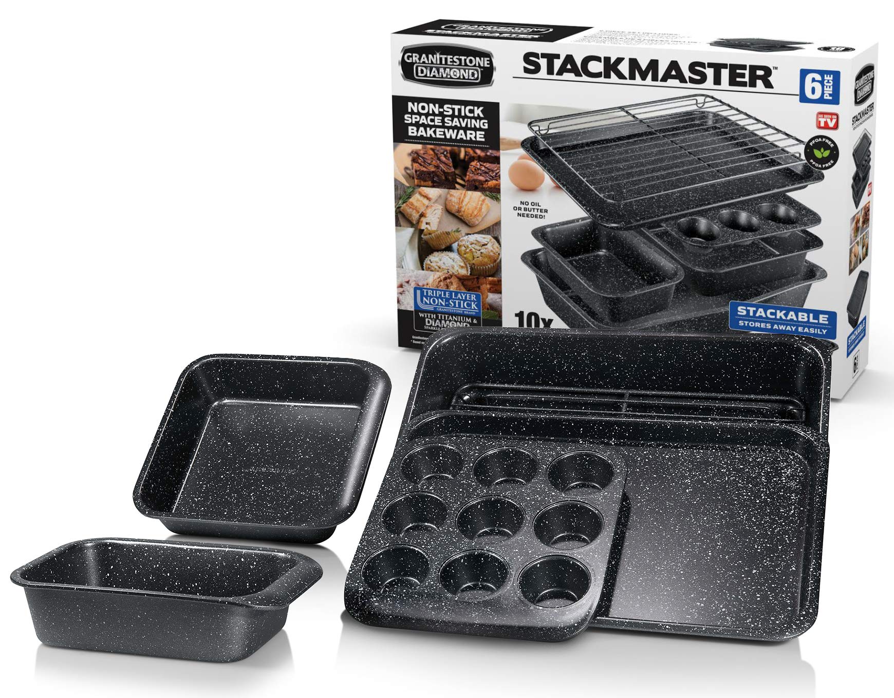 Granitestone6 Piece Non Stick Stackable Bakeware Set, No Warp & Dishwasher Safe Baking Set, Baking Pans Set with Baking Pan, Loaf Pan, Muffin Tin, Roaster Pan, Cooling Rack & Baking Sheet for Oven