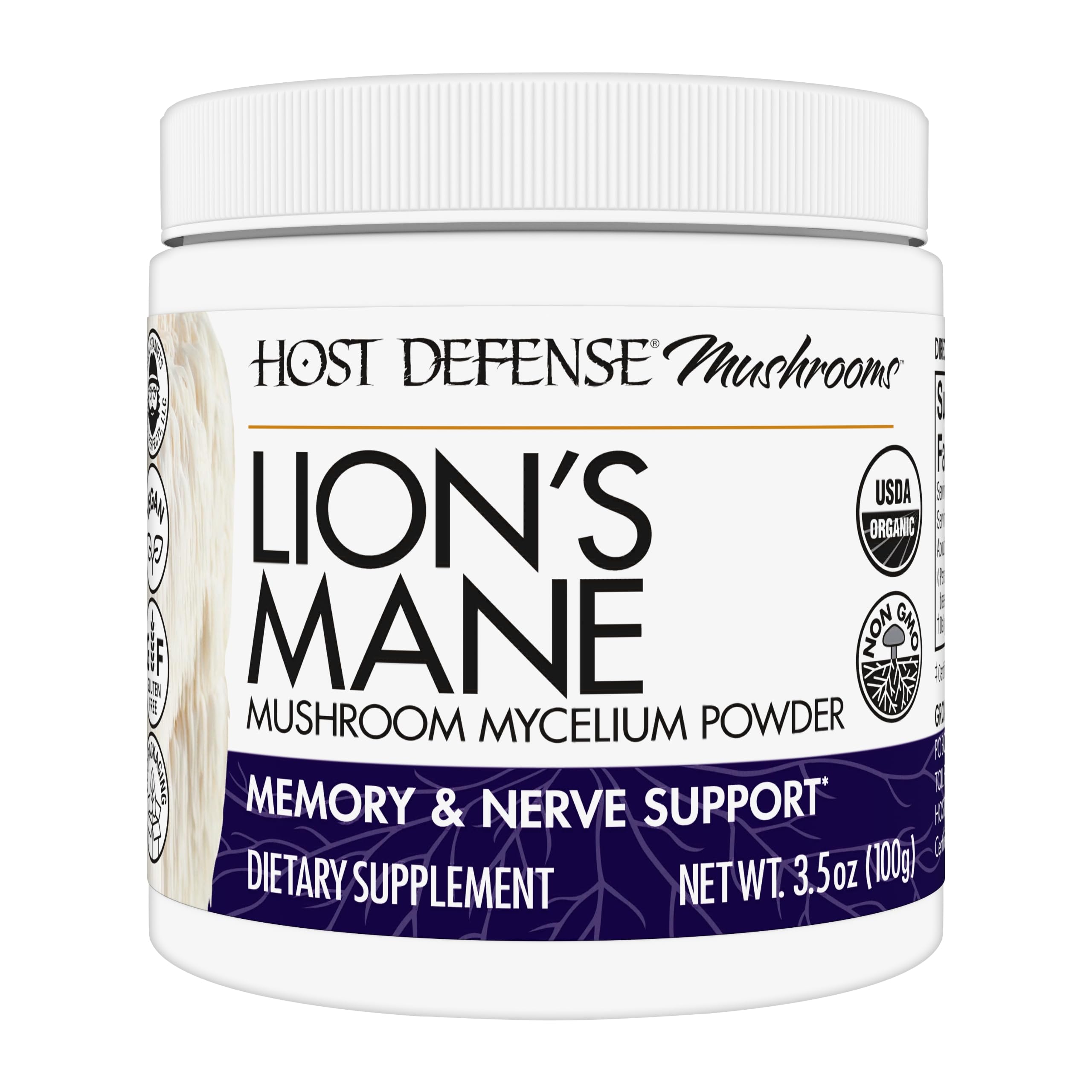 Host Defense Lion's Mane Powder - Brain Health Support Supplement - Mushroom Supplement to Support Focus & Memory Function - Immune & Nervous System Support Supplement - 3.5 oz (66 Servings)*