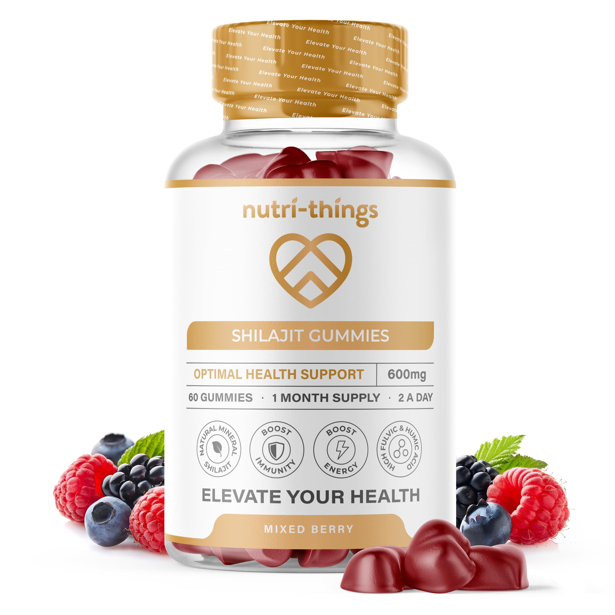 Nutri-thingsShilajit Gummies - 600mg Himalayan Organic Shilajit, Mixed Berry Flavor, 60 Gummies, 1 Month Supply, Natural Mineral for Optimal Health Support