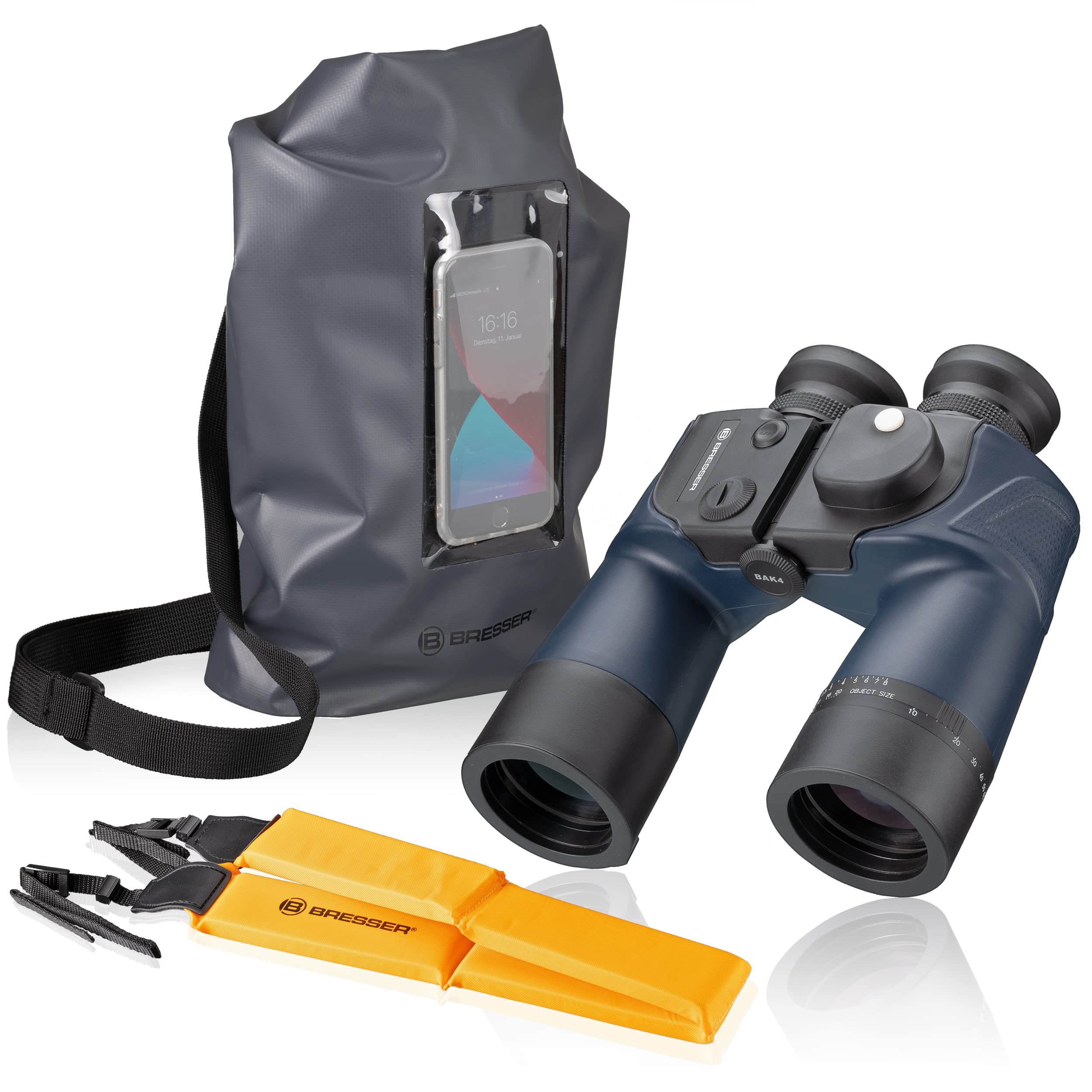 Bresser 7x50 BinoSail Waterproof Binoculars with Compass and Line Plate for Distance/Size Calculation, Swimming Strap and Waterproof Bag