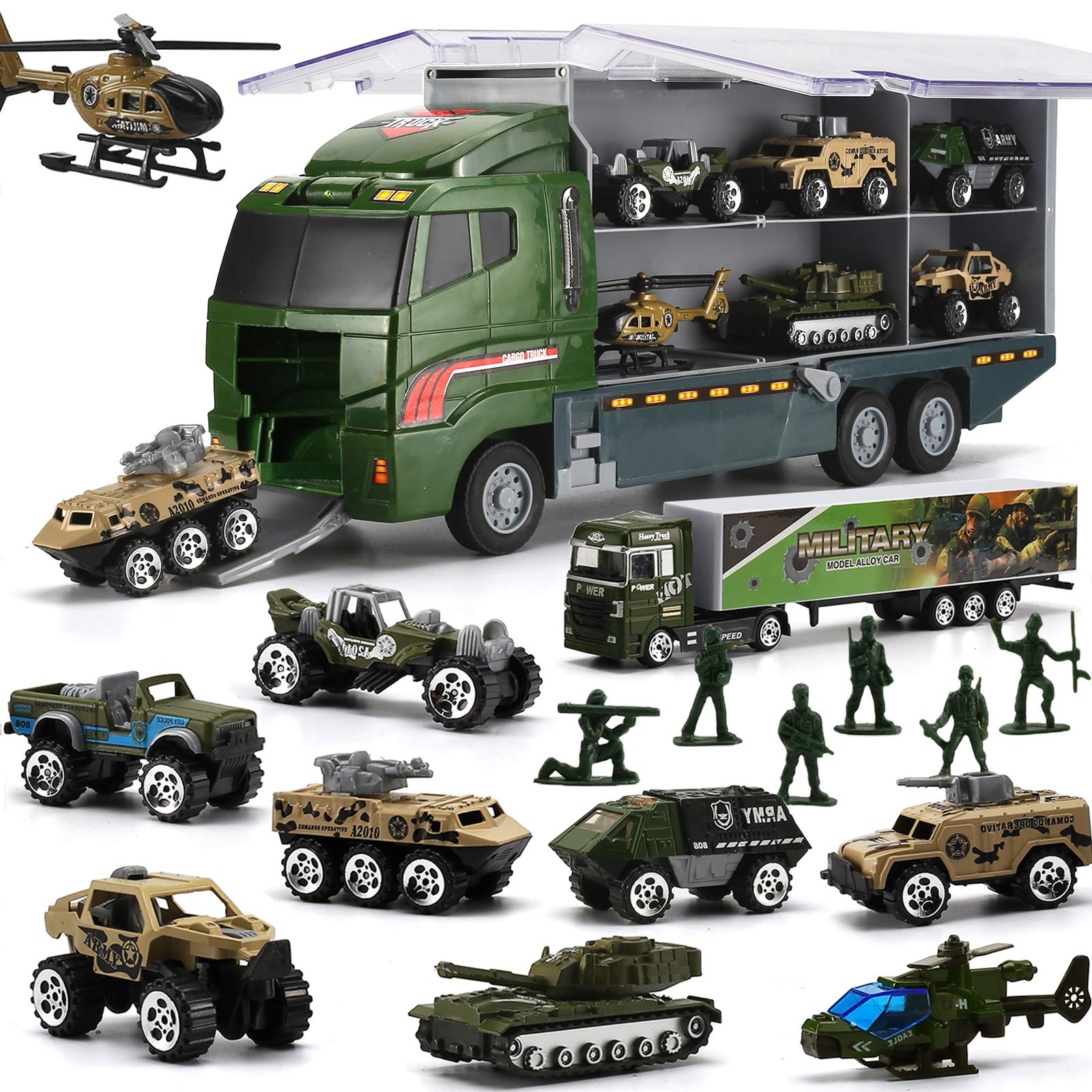 26 Pieces Military Truck with Soldier Men Set, Mini Die-cast Battle Car in Carrier Truck, Army Toy Double Side Transport Vehicle for Kid Child Girl Boy Play Birthday Party Favors