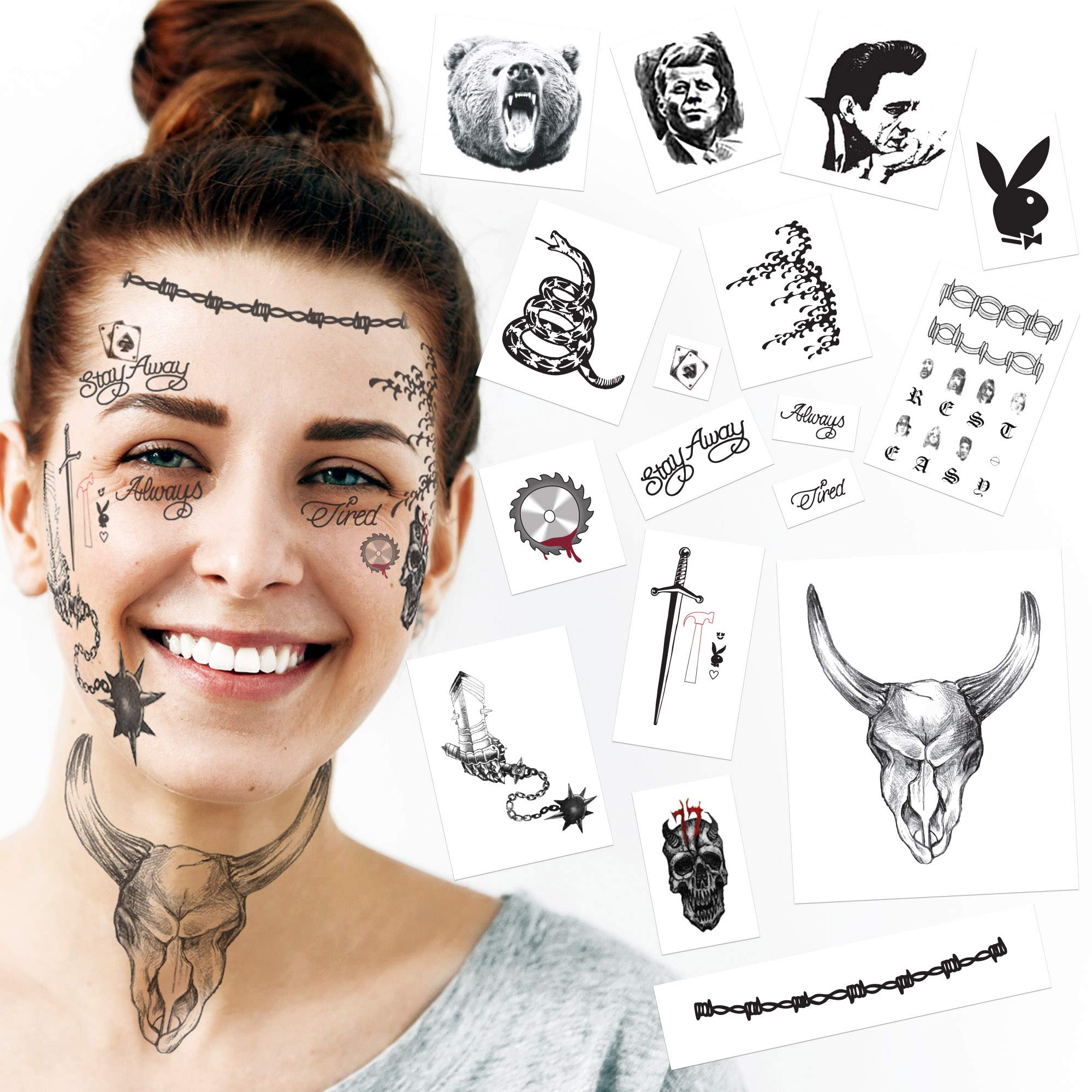 2020 Rapper Inspired Temporary Tattoos | 35 Face, Neck & Hand Tattoos Including NEW 2020 Skull, Gauntlet, Buzzsaw & Hammer | Halloween Costume | Skin Safe | MADE IN THE USA