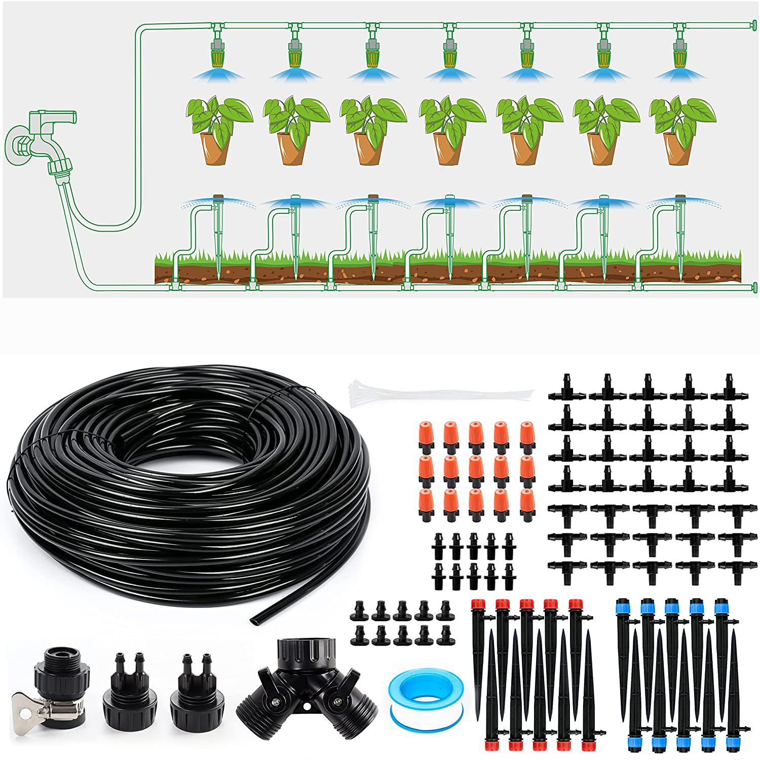 2023 Garden Watering System，Drip Irrigation Kits for Plants，DIY Micro Drip Irrigation System，Saving Water Automatic Watering Kits（100FT Black ）