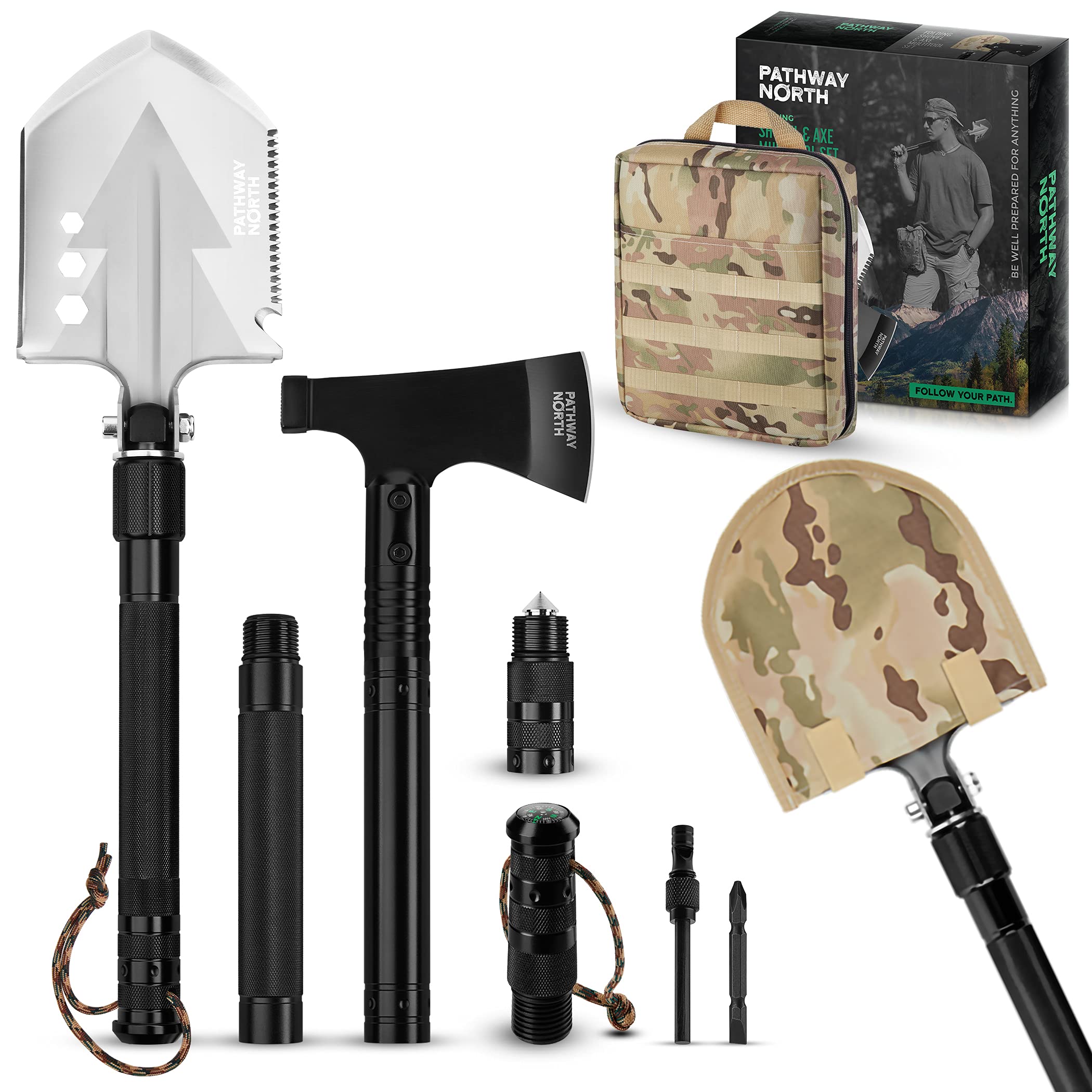 Survival Shovel and Camping Axe – Stainless Steel Tactical, Survival Multi-Tool and Survival Hatchet Equipment for Outdoor Hiking Camping Gear, Hunting, Backpacking Emergency Kit(Black)