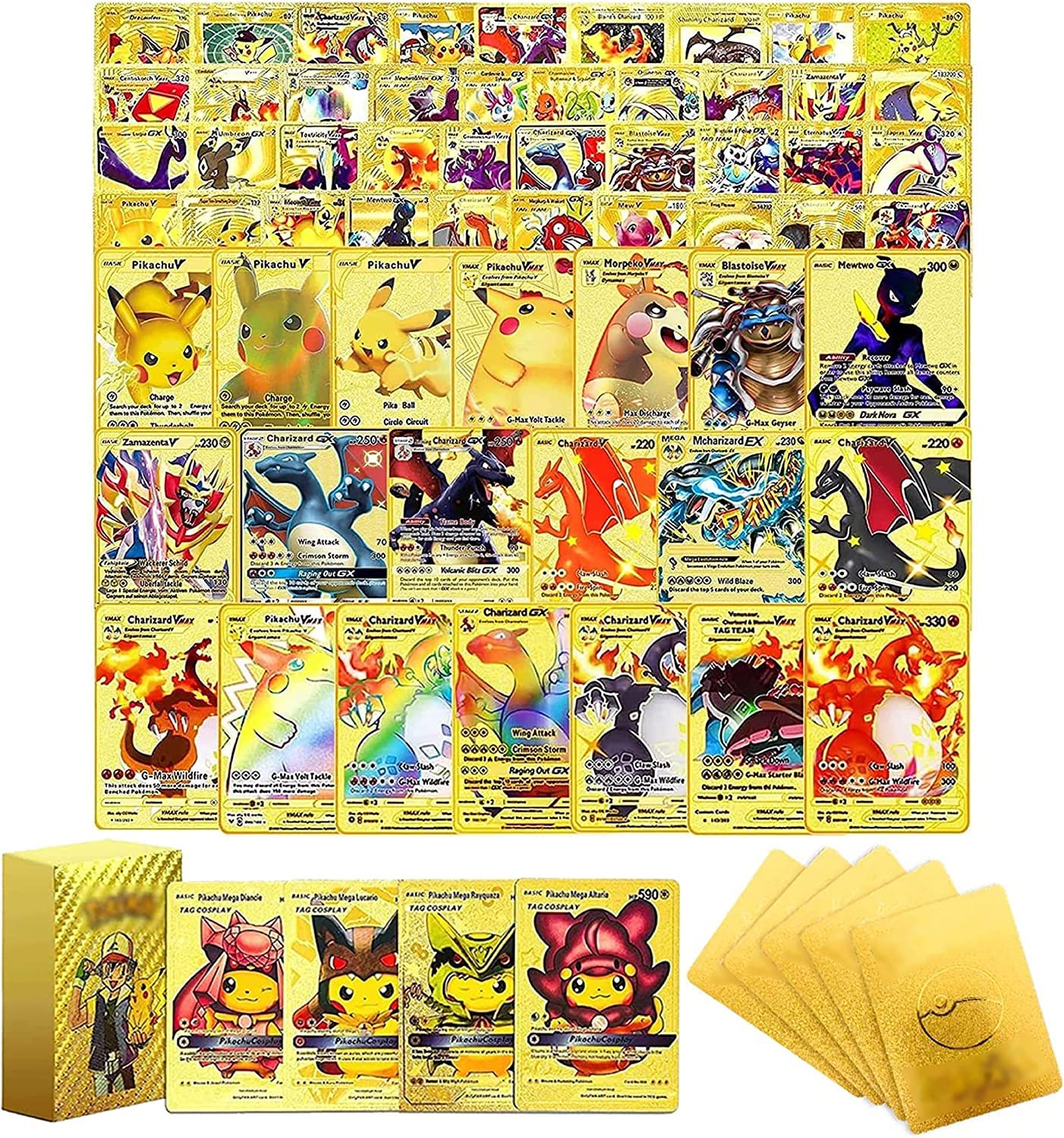 DUNGRANI ENTERPRISE Poke-Mean Assorted 55 PCS Gold Foil Cards Poke-Mean Deck Box(16 Vmax Series Cards, 13 V Series Cards,7 Tag Card,11 GX Series Cards,2 EX Series Cards,6 Rare Basic Cards ), Best Gift for Collectors, Children Playing Card Game for Kids,Boys,Girls,Adults,Trainers (55 Pcs Gold Foil Poke-Moon Deck)